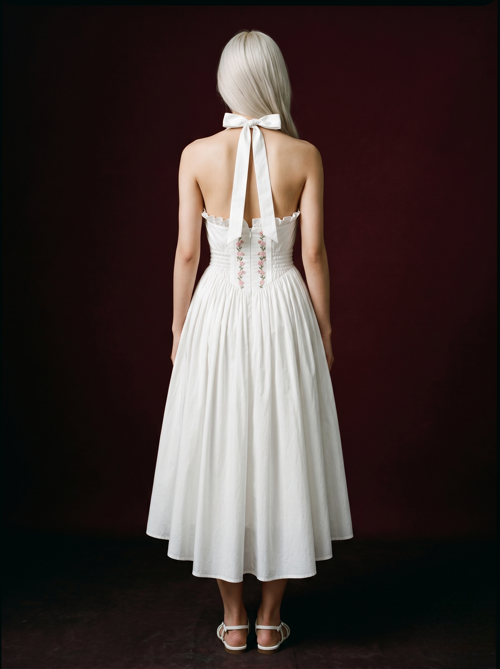 White Halter Lace-Up Corset Floral Embroidered Midi Dress