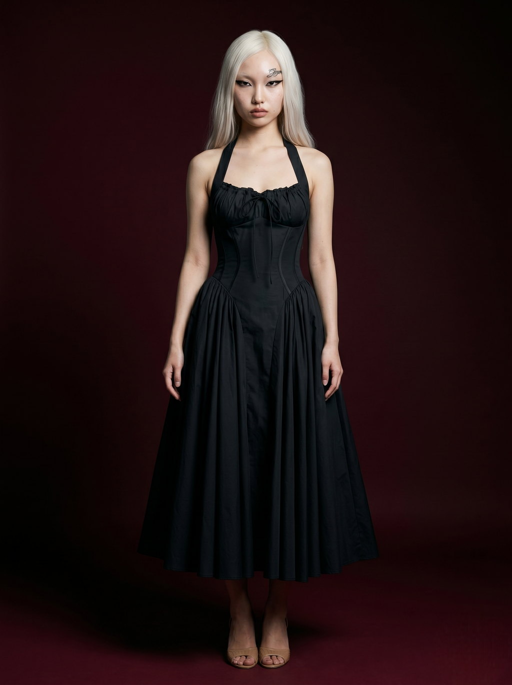 Black Halter Corset Bow-Tie Flared Midi Dress
