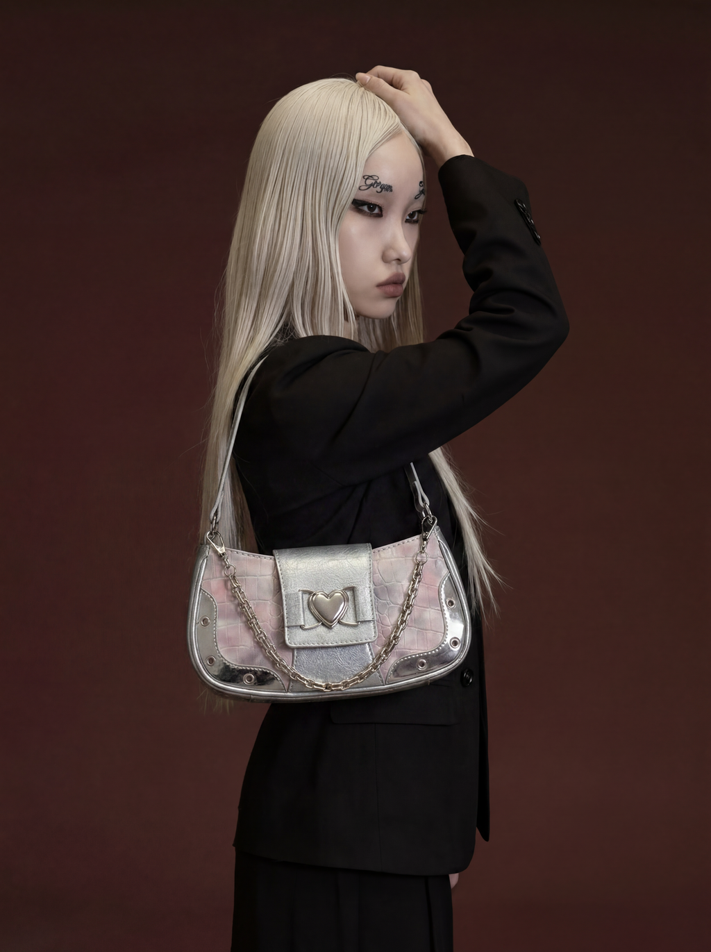 Pink Croc & Silver Metallic Flap Baguette Bag with Heart Logo Clasp & Chain Strap