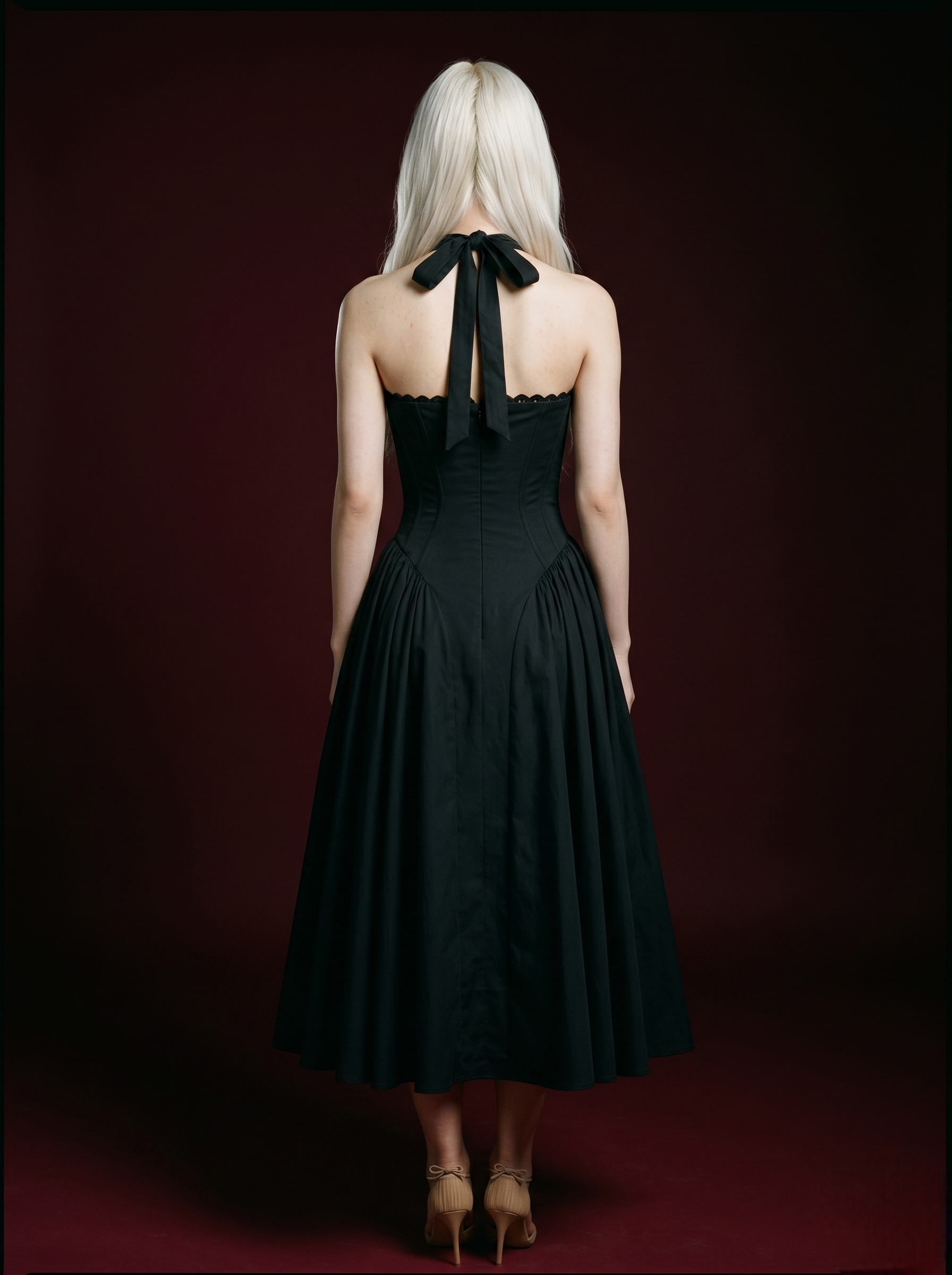 Black Halter Corset Bow-Tie Flared Midi Dress