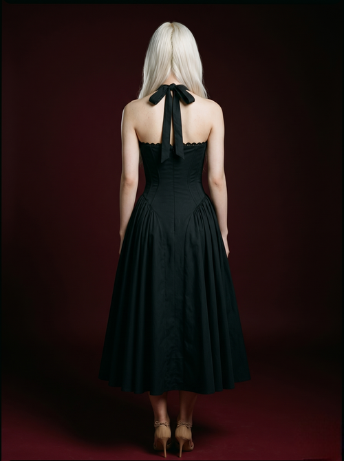 Black Halter Corset Bow-Tie Flared Midi Dress