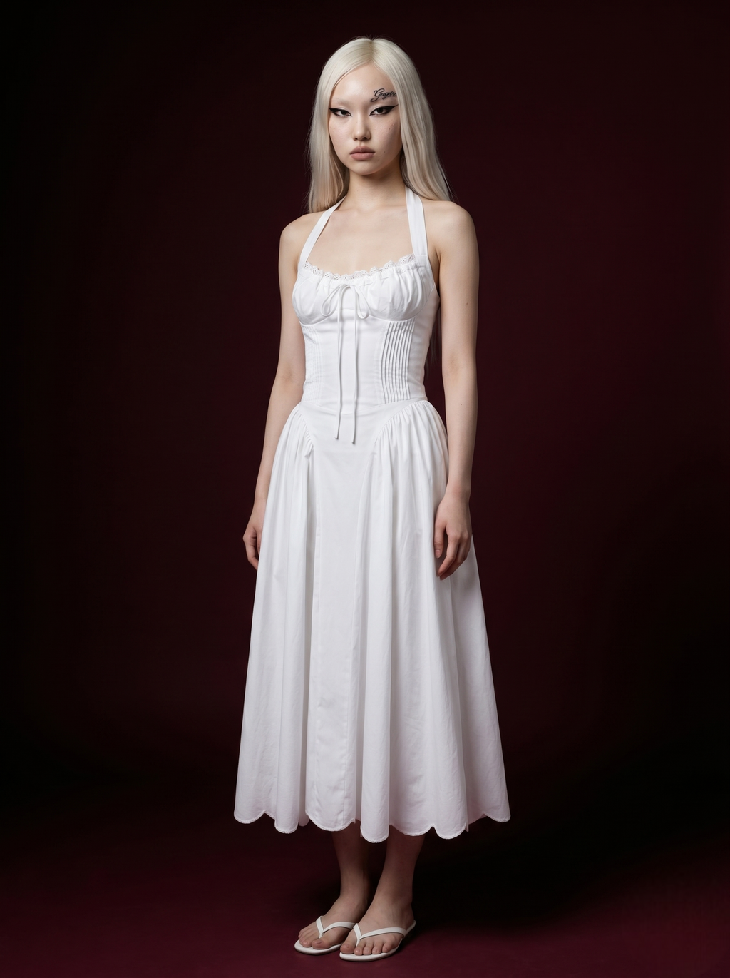 White Halter Pintuck Corset Lace-Trim Scallop Hem Midi Dress