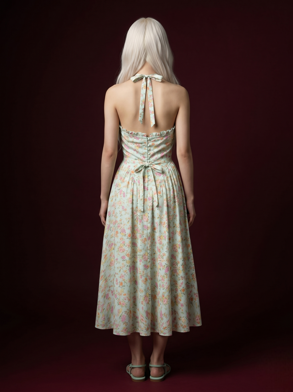 Mint Green Mixed Floral Halter Pintuck Corset Midi Dress