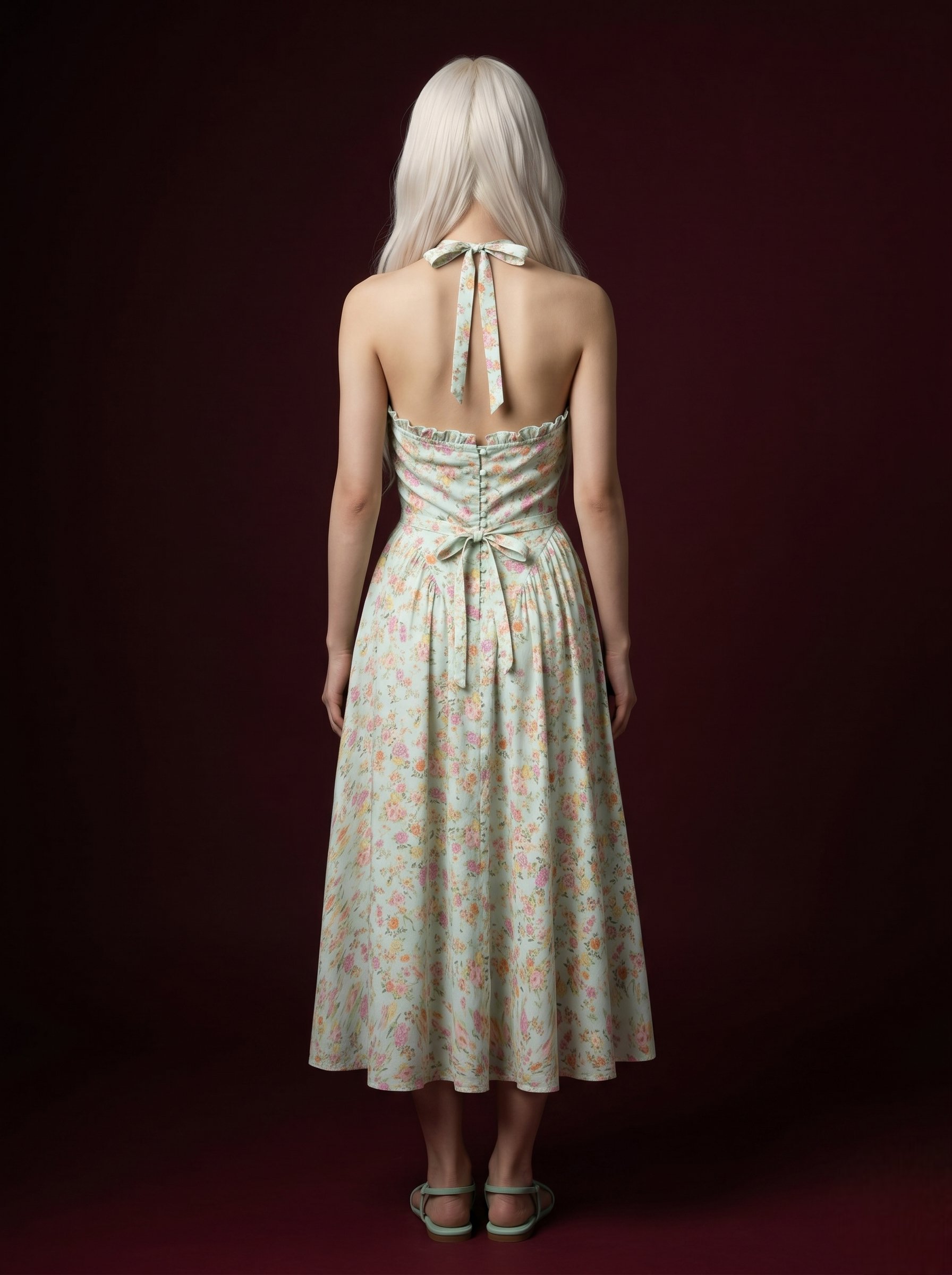 Mint Green Mixed Floral Halter Pintuck Corset Midi Dress