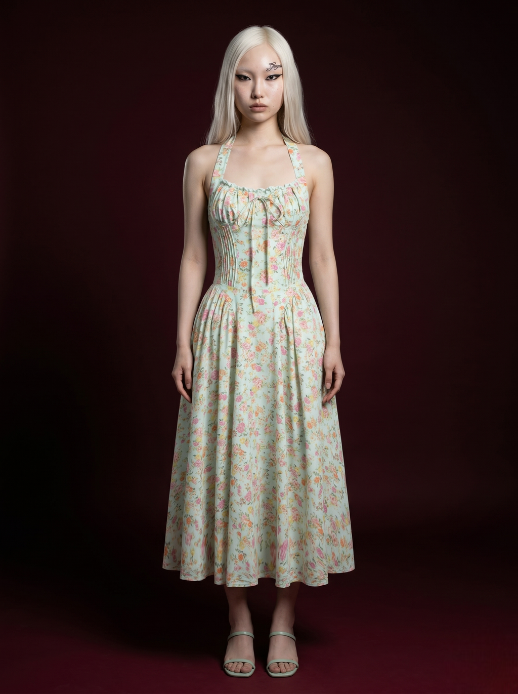 Mint Green Mixed Floral Halter Pintuck Corset Midi Dress