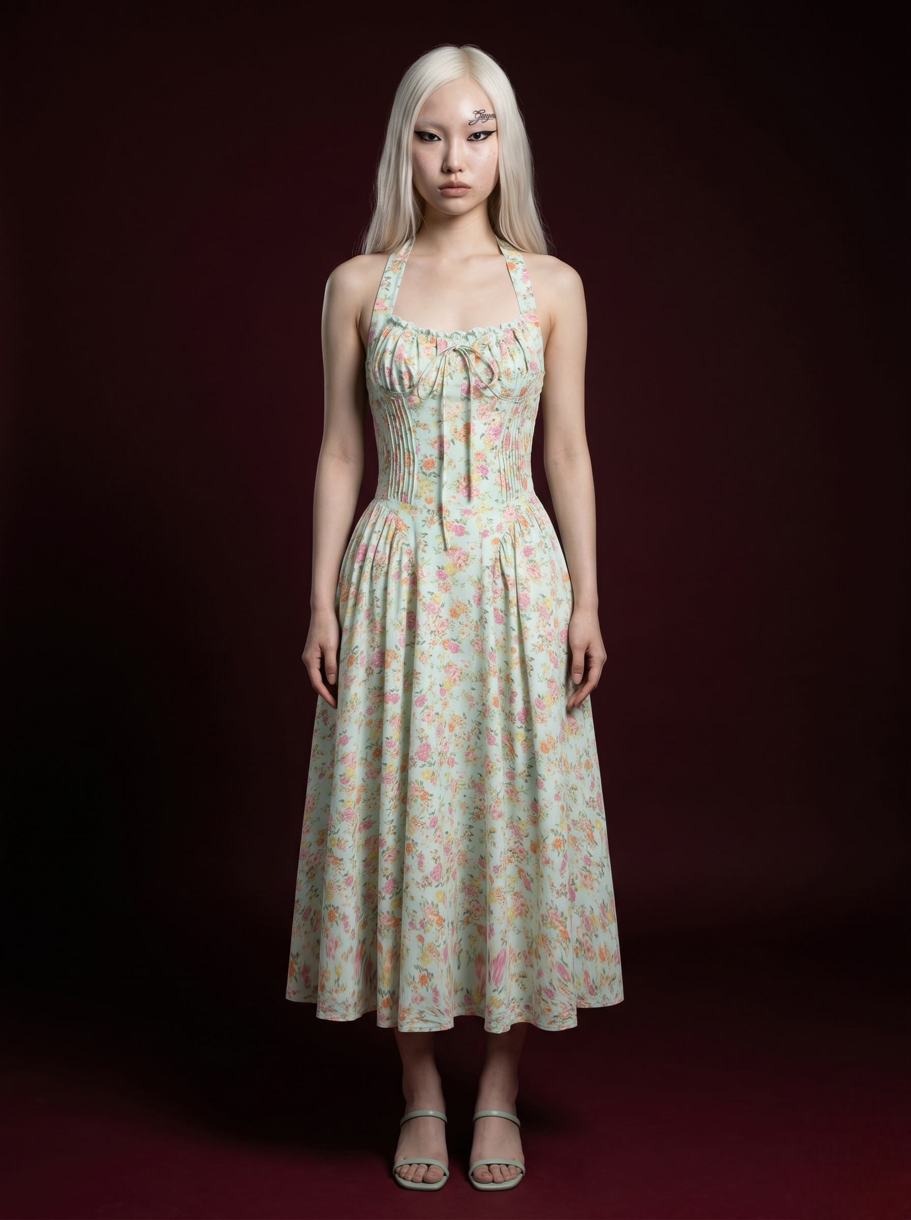 Mint Green Mixed Floral Halter Pintuck Corset Midi Dress