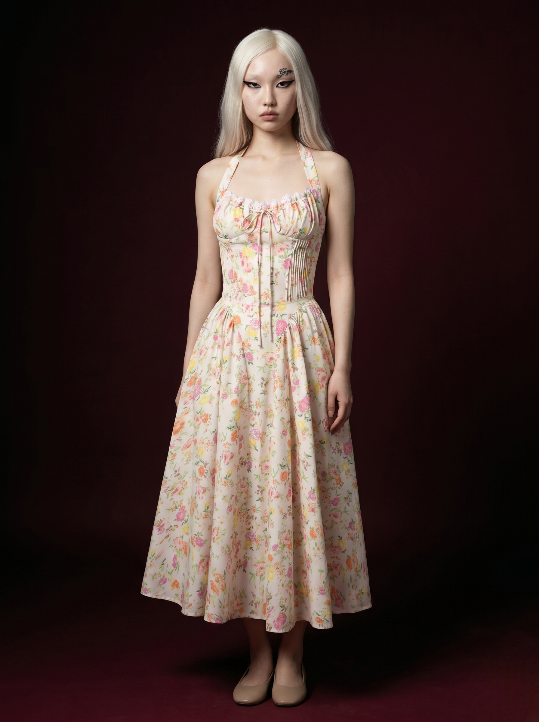 Ivory Colorful Floral Halter Pintuck Corset Midi Dress