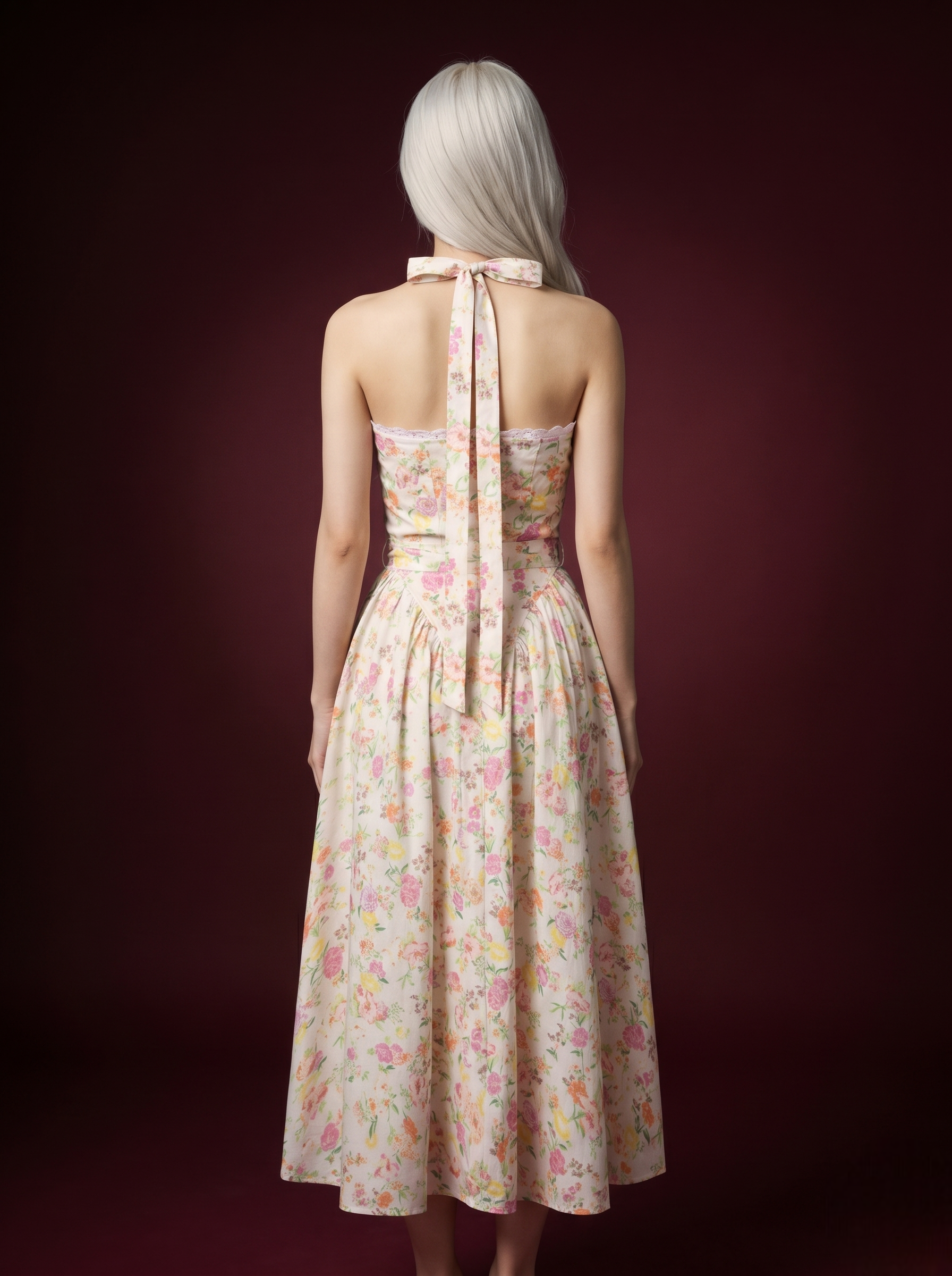 Ivory Colorful Floral Halter Pintuck Corset Midi Dress