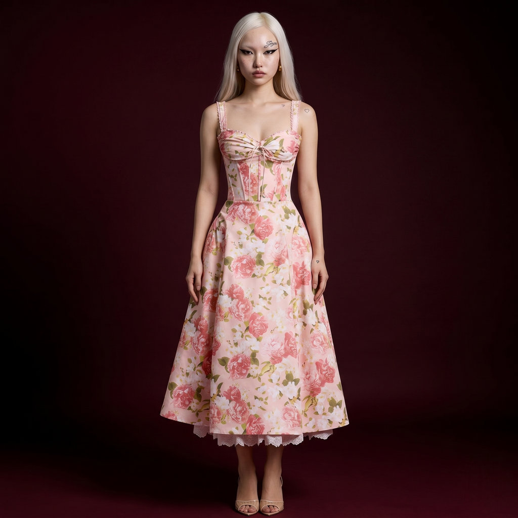 Butter Yellow Rose & Blue Ribbon Print Corset Lace-Hem Midi Dress
