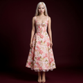 Butter Yellow Rose & Blue Ribbon Print Corset Lace-Hem Midi Dress
