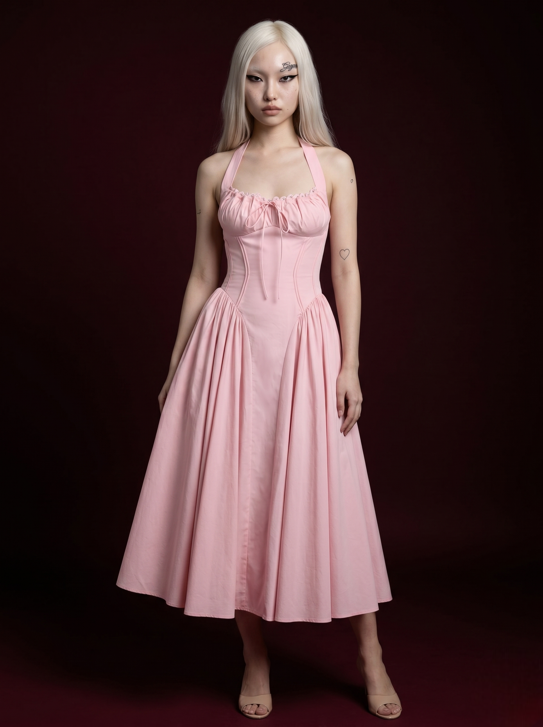 Blush Pink Halter Corset Bow-Tie Flared Midi Dress