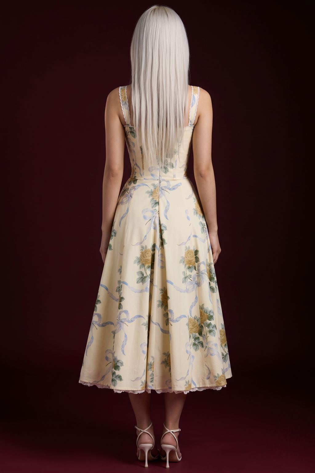 Butter Yellow Rose & Blue Ribbon Print Corset Lace-Hem Midi Dress