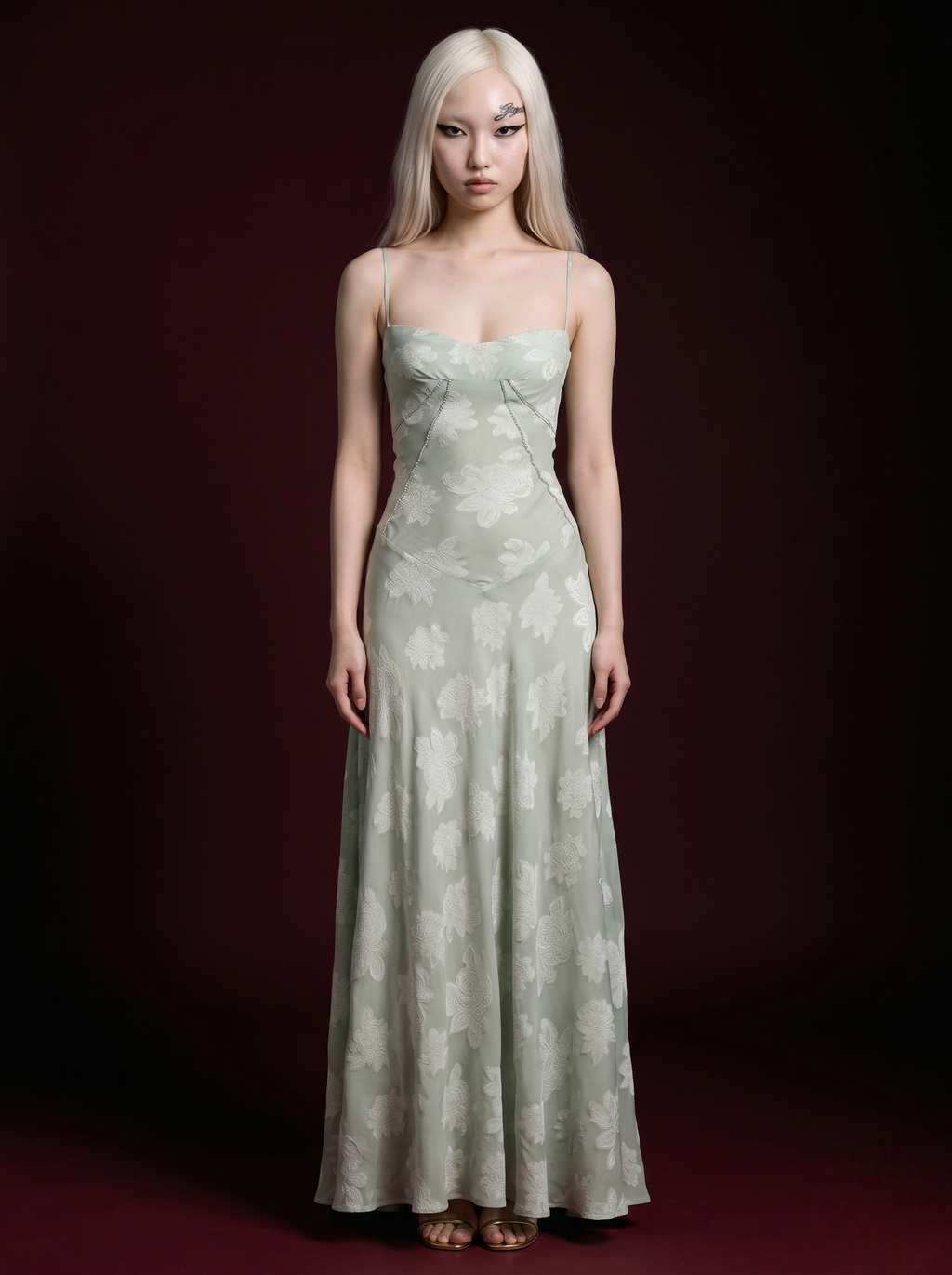 Sage Green Floral Jacquard Rhinestone Seam Spaghetti Strap Maxi Dress