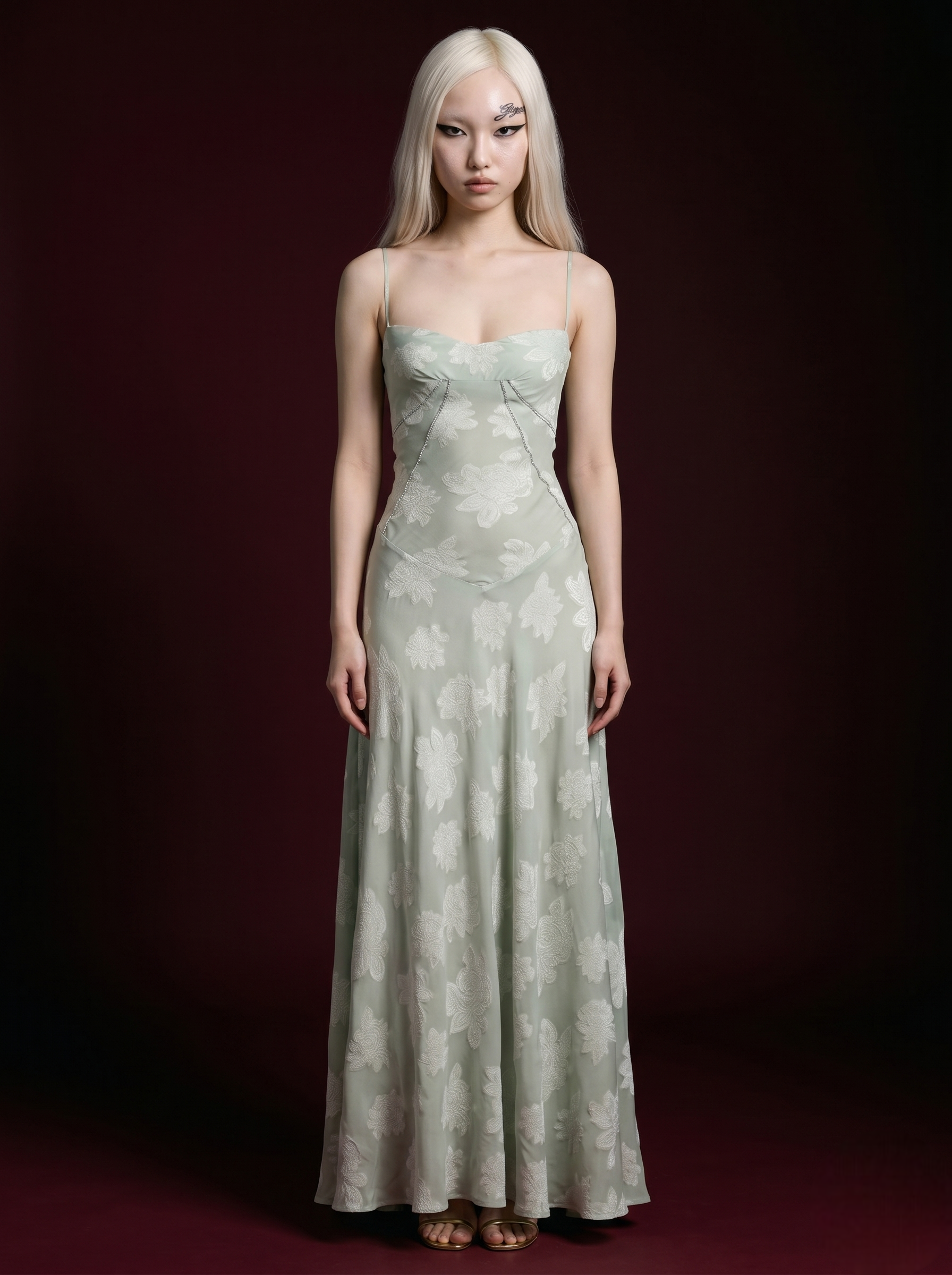Sage Green Floral Jacquard Rhinestone Seam Spaghetti Strap Maxi Dress