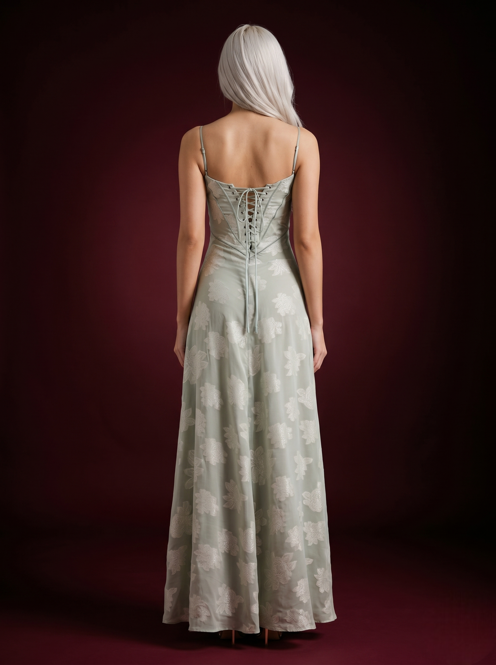 Sage Green Floral Jacquard Rhinestone Seam Spaghetti Strap Maxi Dress