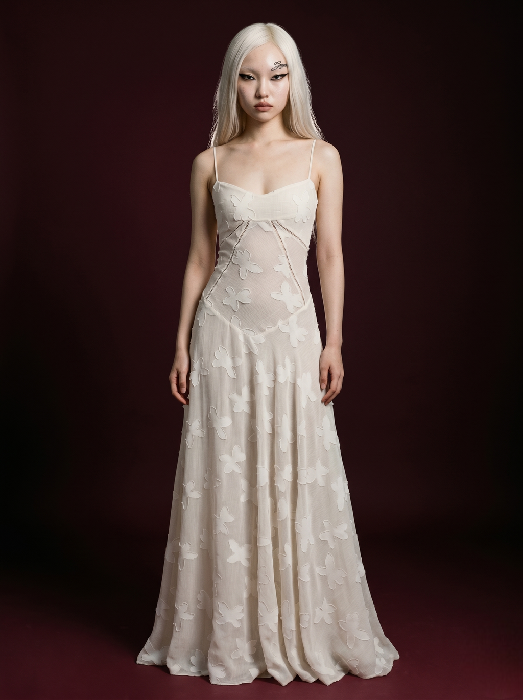 Ivory Sheer Floral Appliqué Rhinestone Seam Spaghetti Strap Maxi Dress