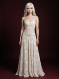 Ivory Sheer Floral Appliqué Rhinestone Seam Spaghetti Strap Maxi Dress