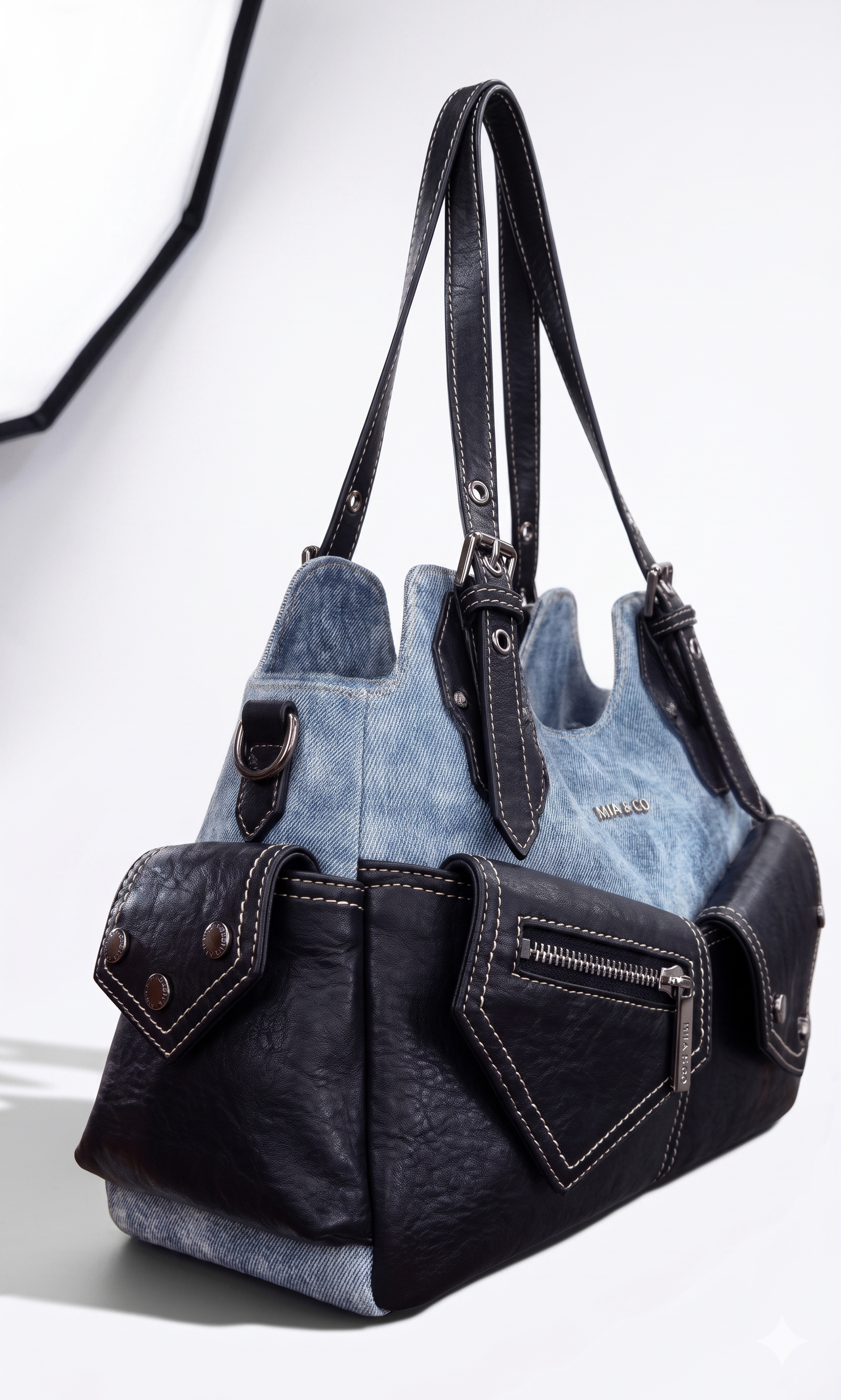 Light Blue Denim & Black Leather Shoulder Bag with White Contrast Stitching