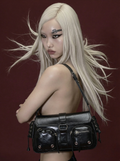 Black Patent Multi-Pocket Flap Shoulder Bag with Lace-Up Sides & Eyelet Detail