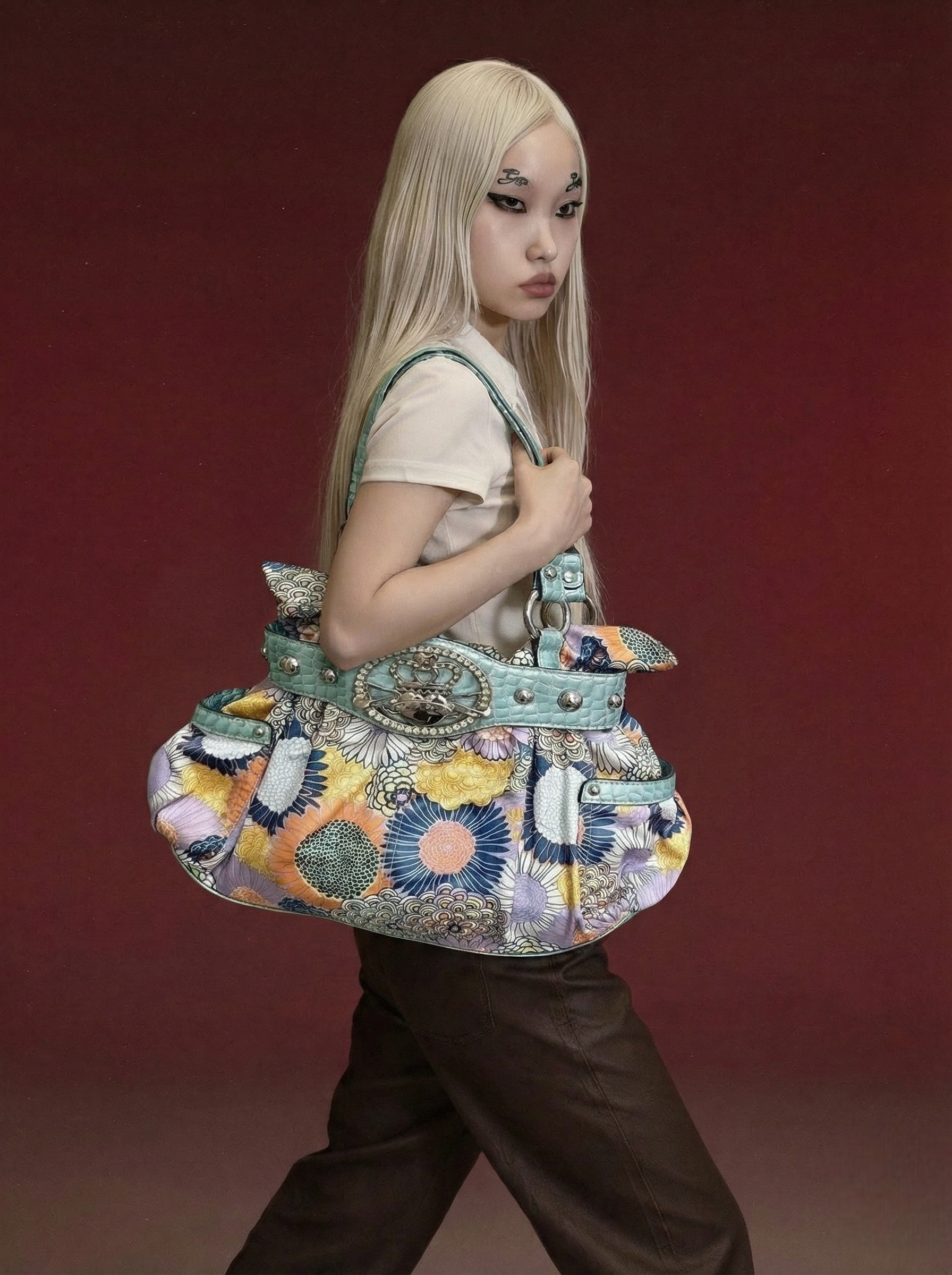 Floral Tapestry Oversized Hobo Bag with Mint Croc Belt & Crystal Medallion