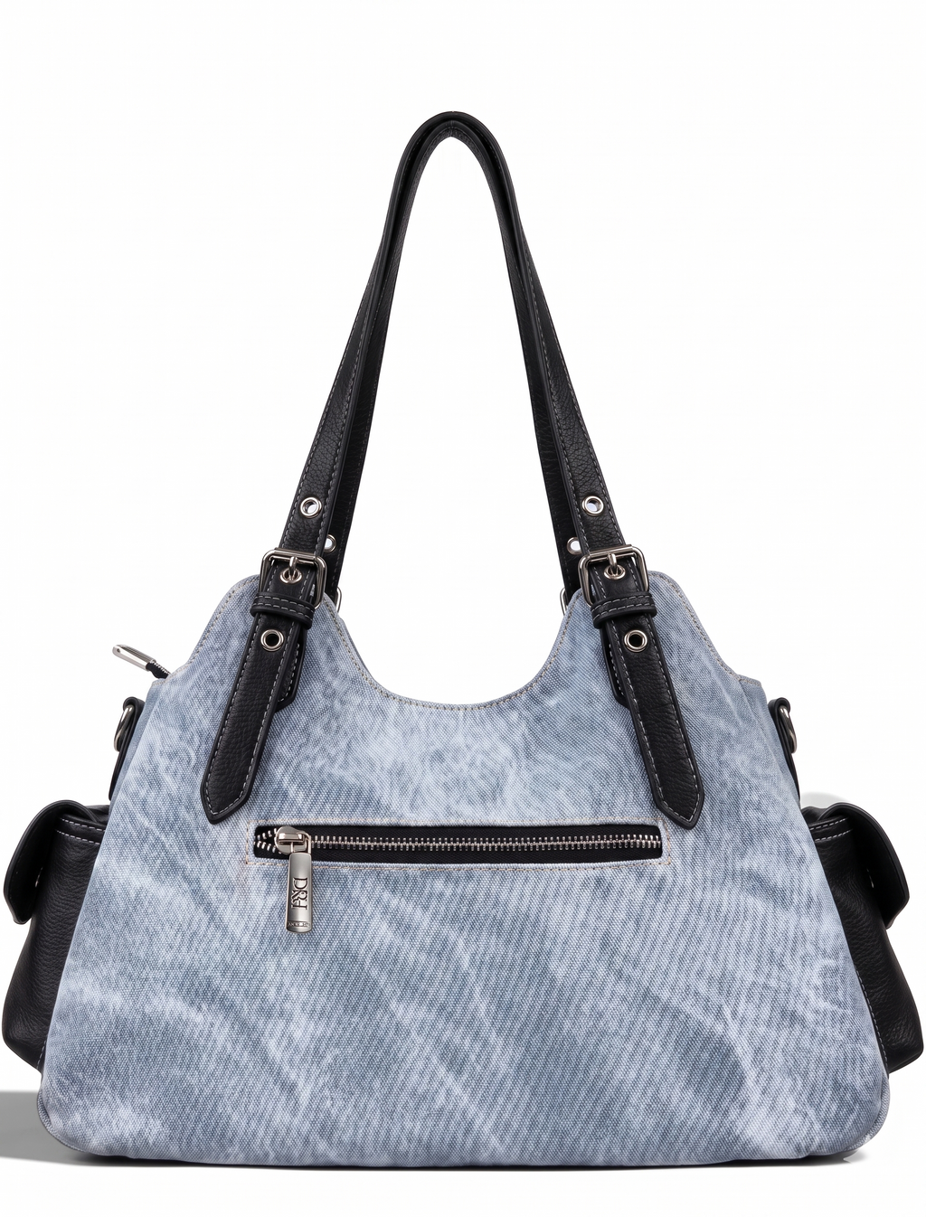 Light Blue Denim & Black Leather Shoulder Bag with White Contrast Stitching