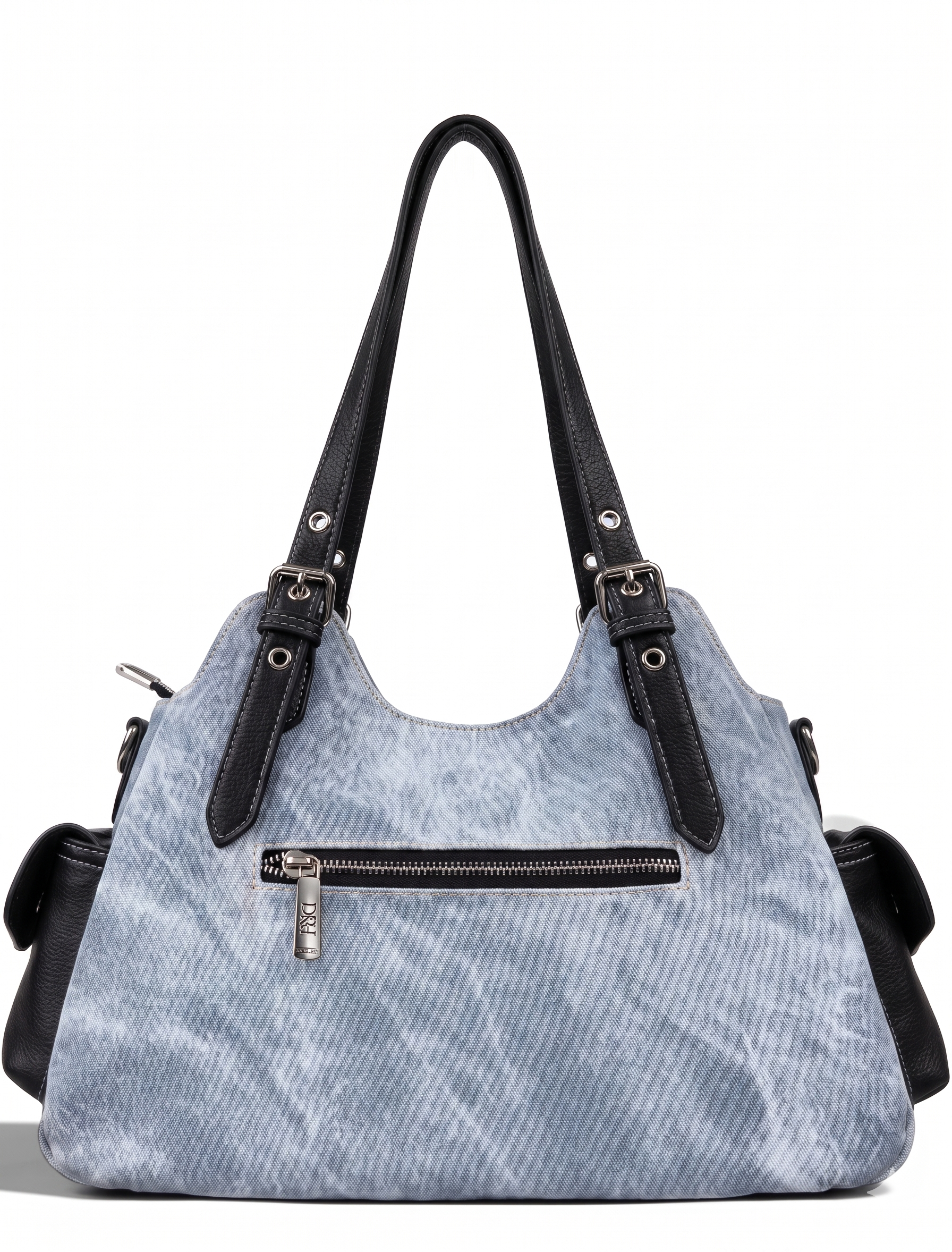 Light Blue Denim & Black Leather Shoulder Bag with White Contrast Stitching