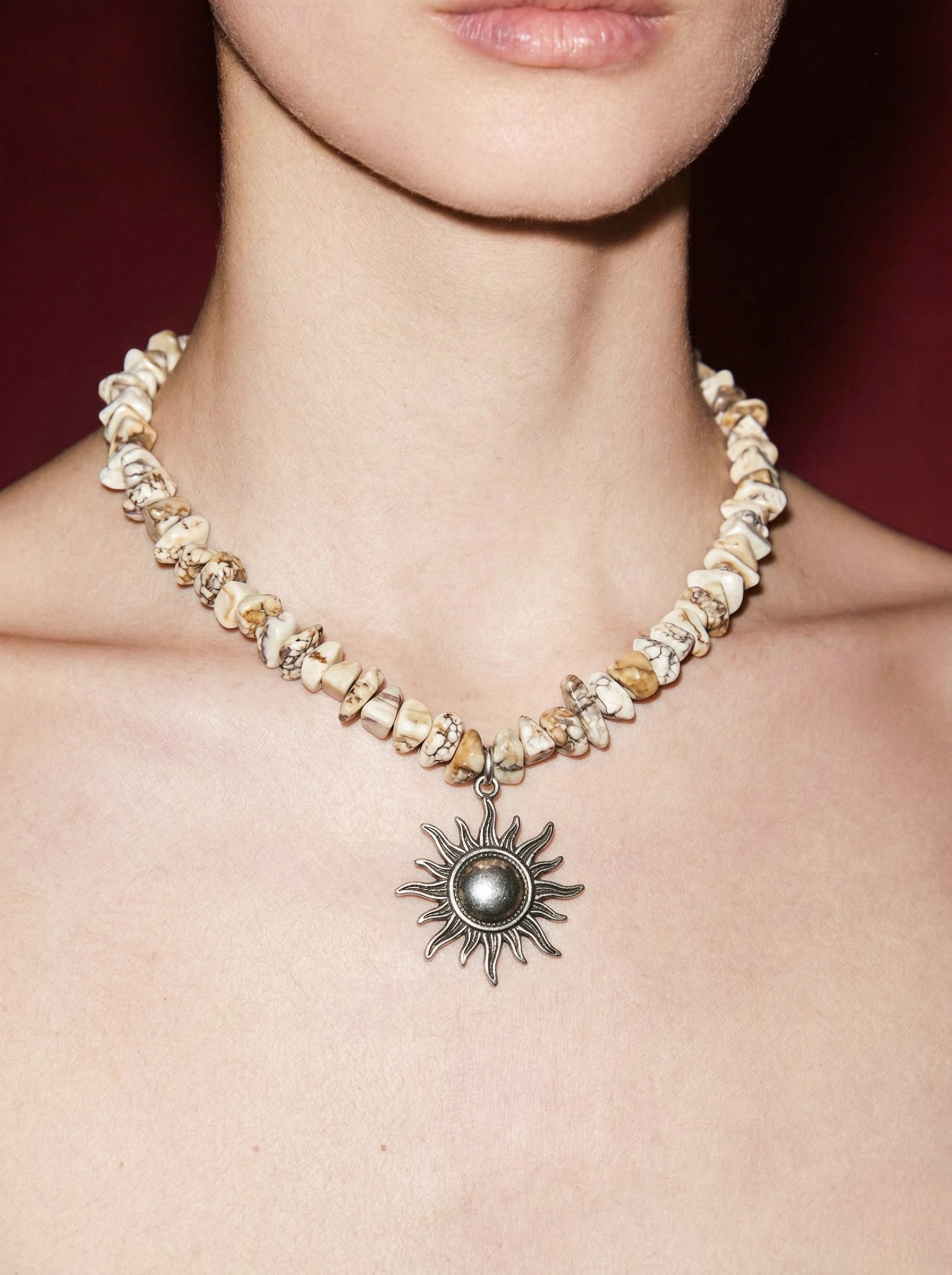 Howlite Chip Necklace with Silver Sun Pendant