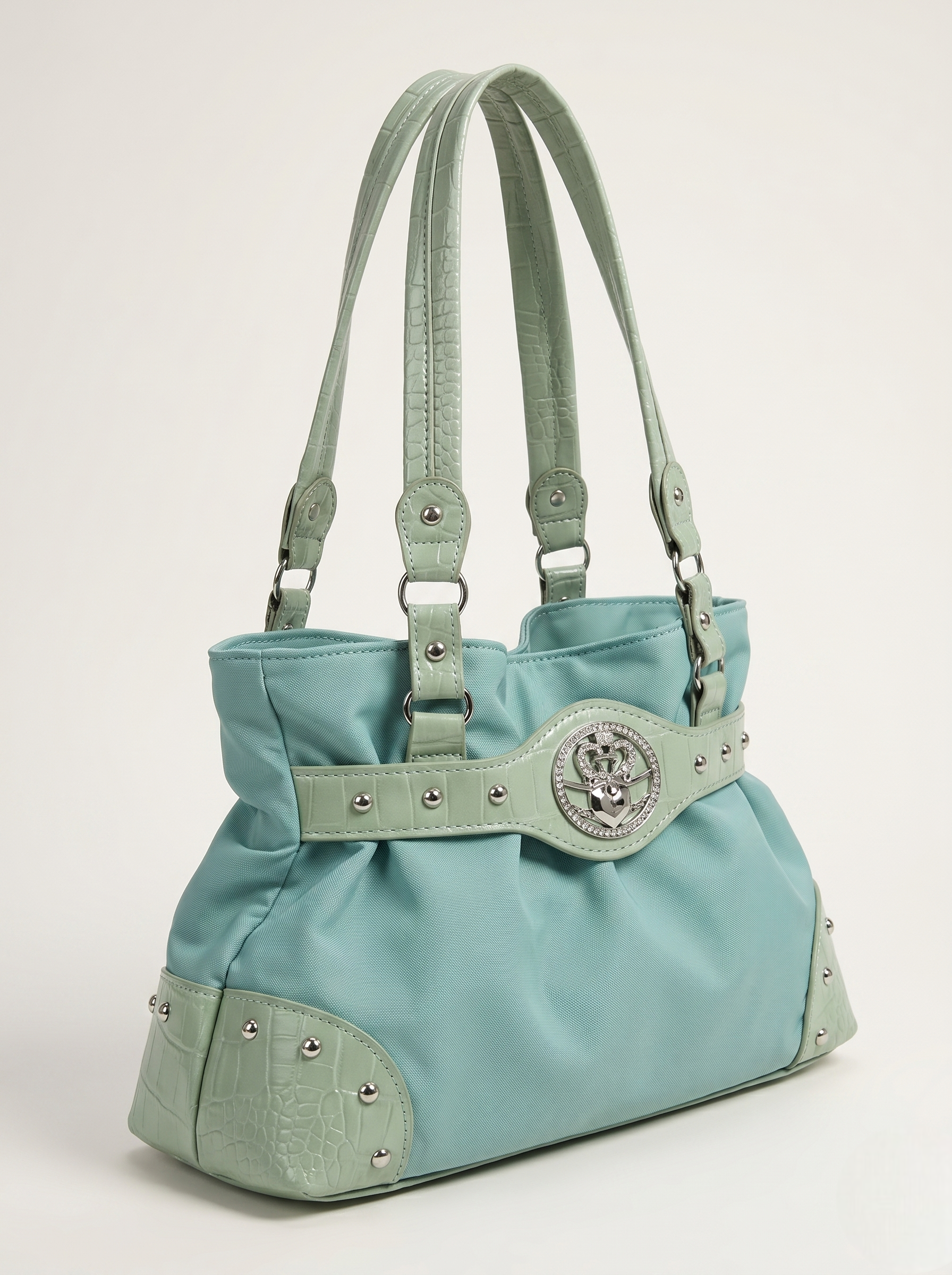 Mint Green Y2K Hobo Bag with Scarab Medallion & Croc-Embossed Trim