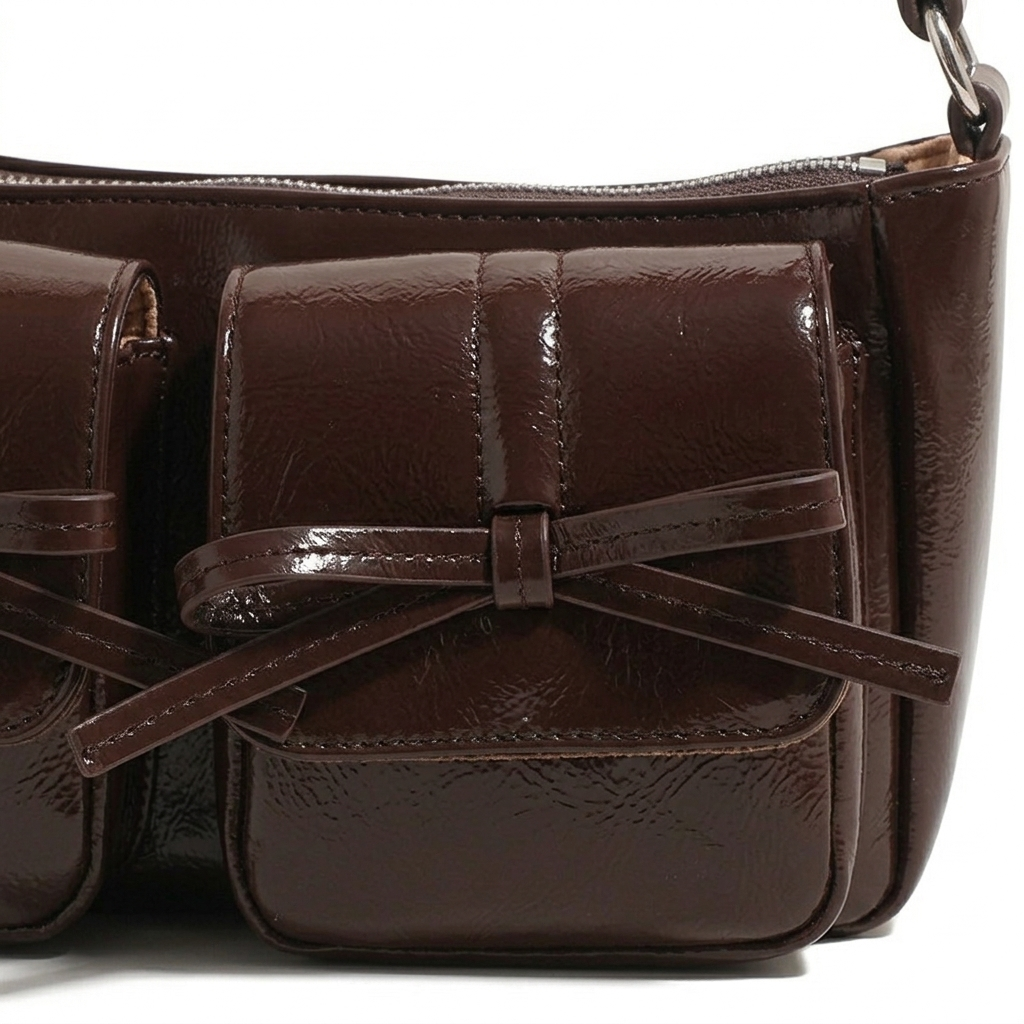 Deep Brown Patent Croc-Embossed Baguette Bag with Front Pocket