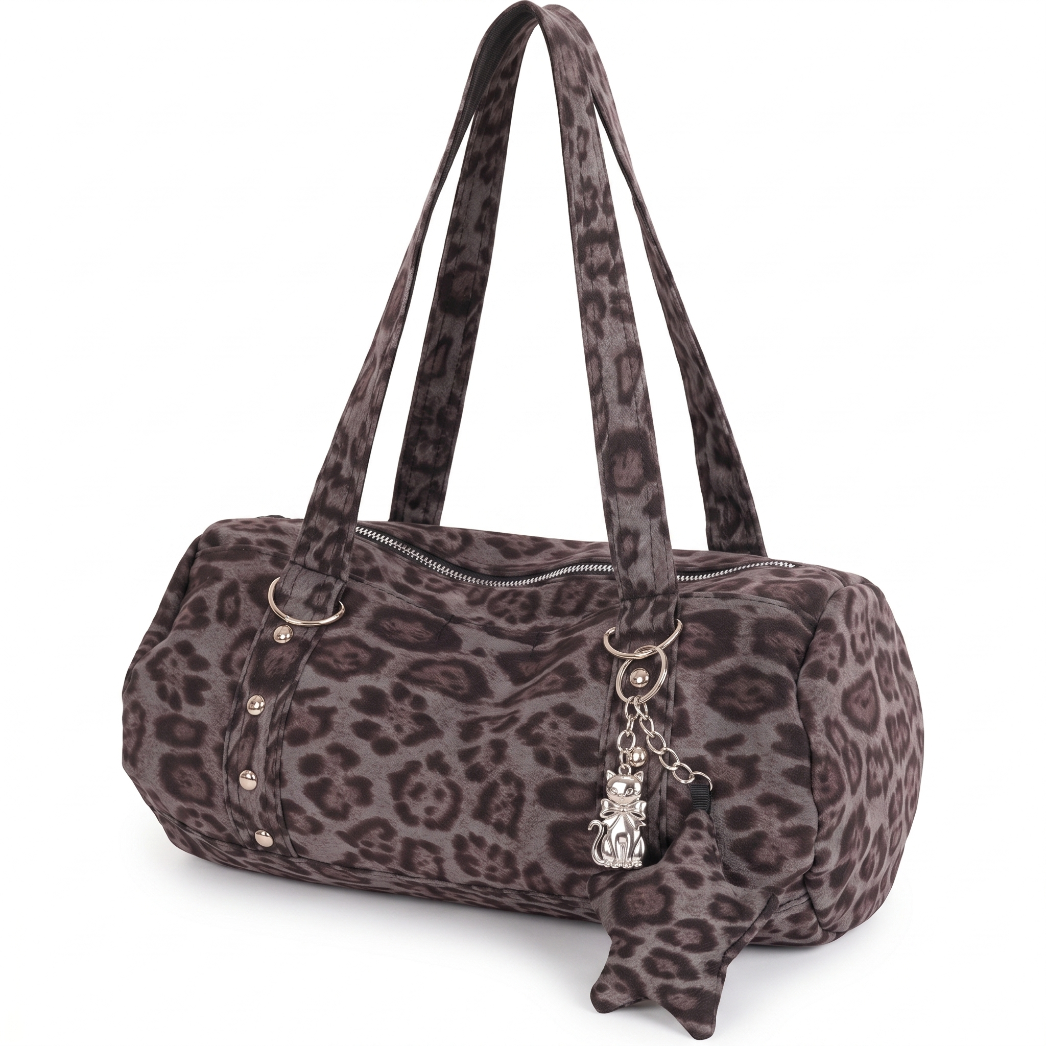 Grey Leopard Print Oversized Shoulder Bag with Chain & Stud Detail