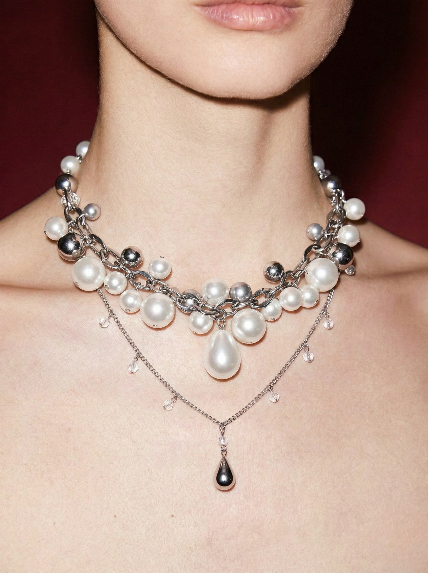 Layered Pearl & Silver Chain Necklace with Drop Pendant