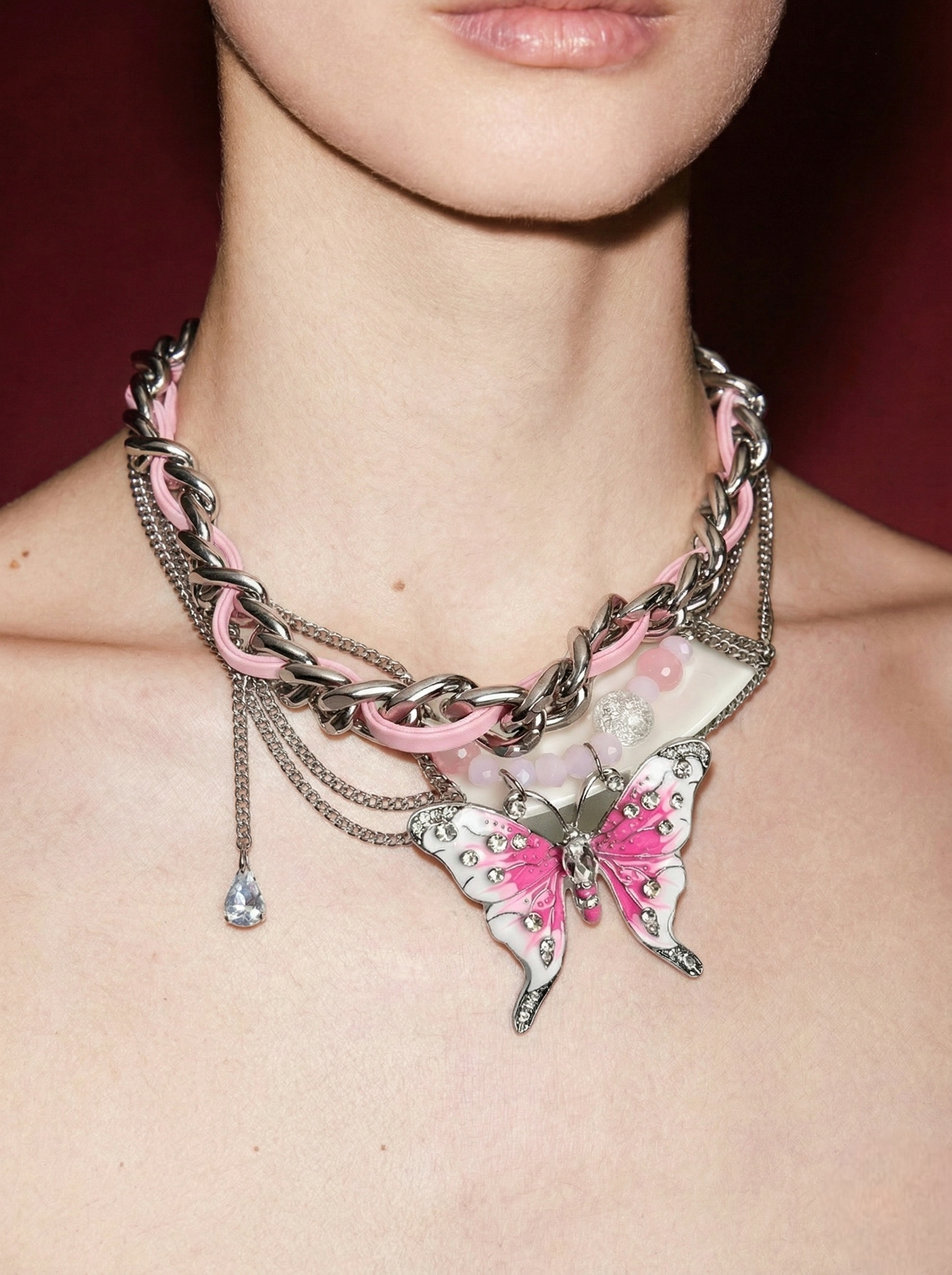 Pink Chain Necklace with Crystal Butterfly Charm