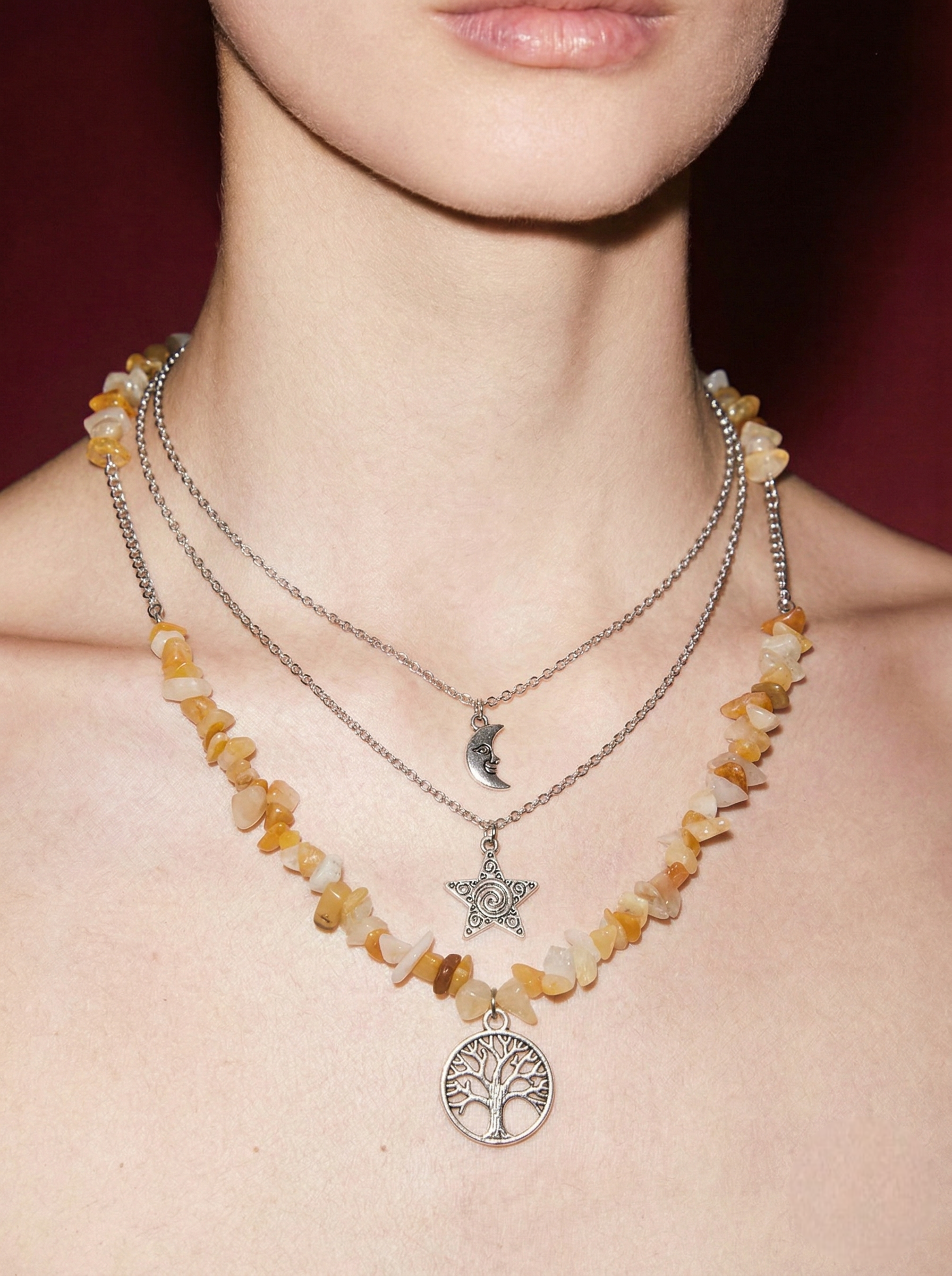 Citrine Chip Layered Necklace with Moon, Star & Tree Charms