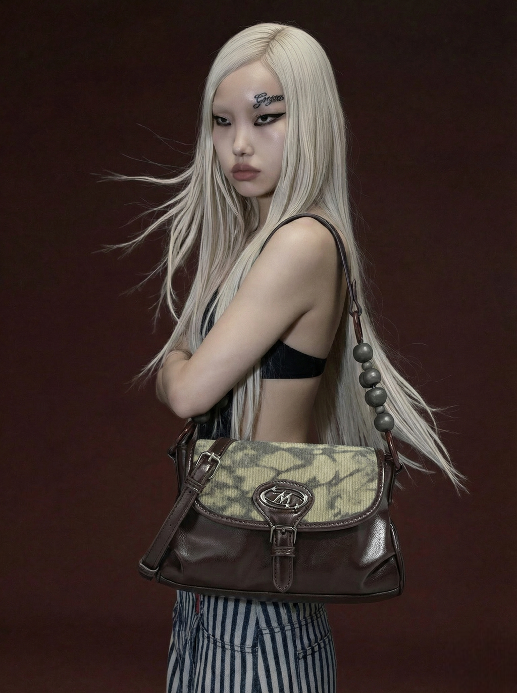 Dark Brown Camo Jacquard Flap Shoulder Bag with Logo Clasp & Beaded Strap
