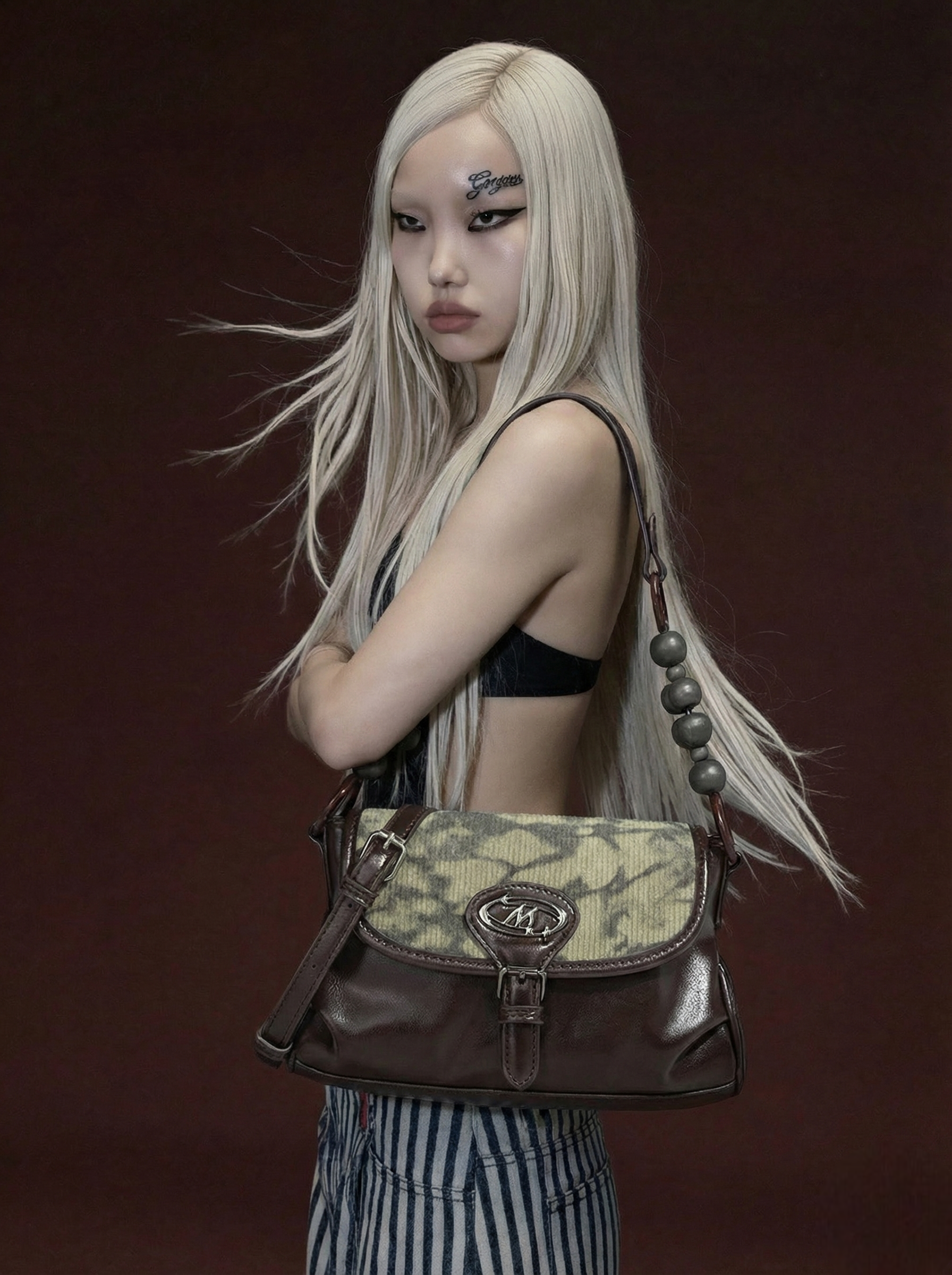 Dark Brown Camo Jacquard Flap Shoulder Bag with Logo Clasp & Beaded Strap