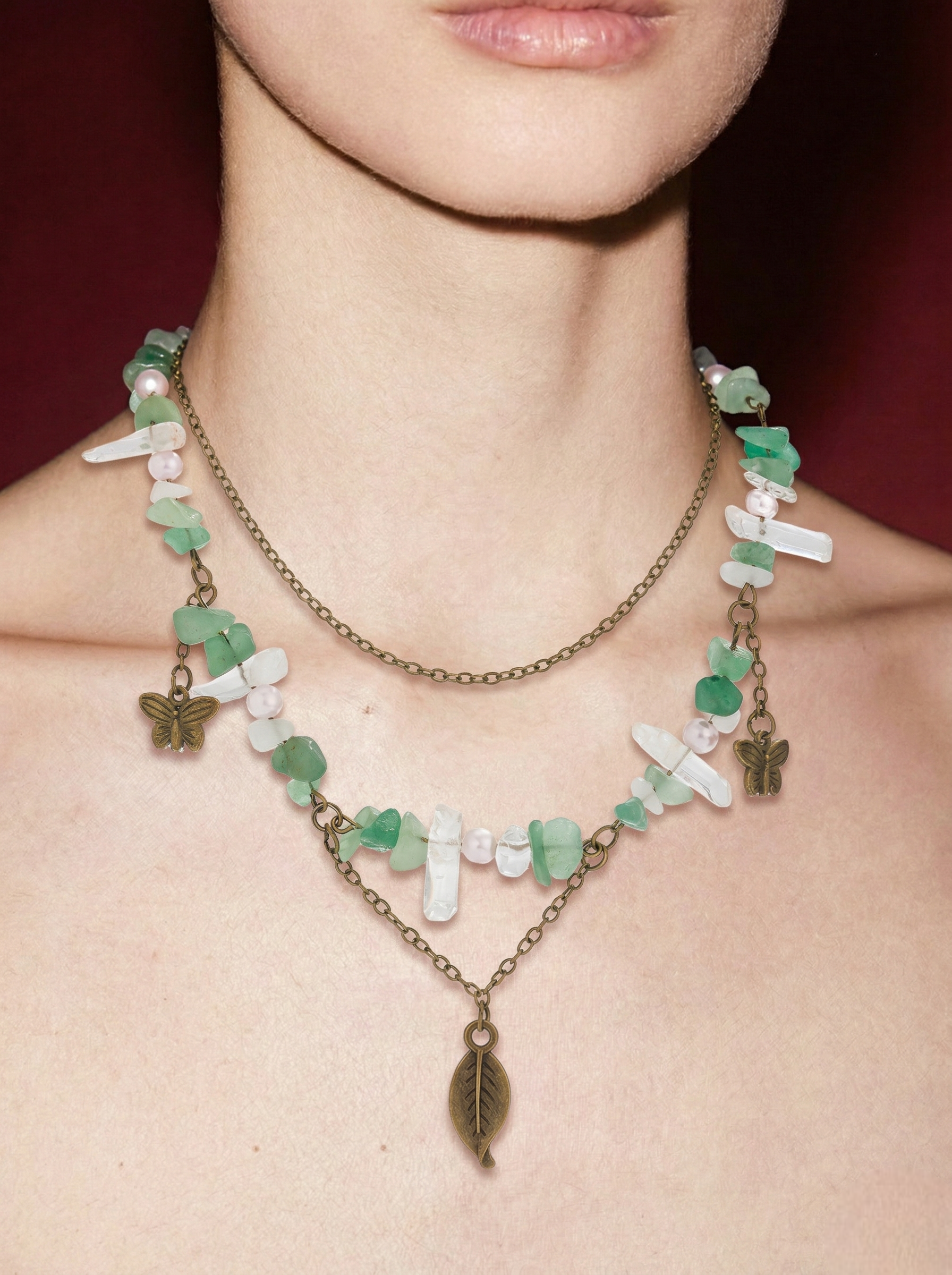 Green Stone Chip Necklace with Bronze Butterfly & Leaf Charms