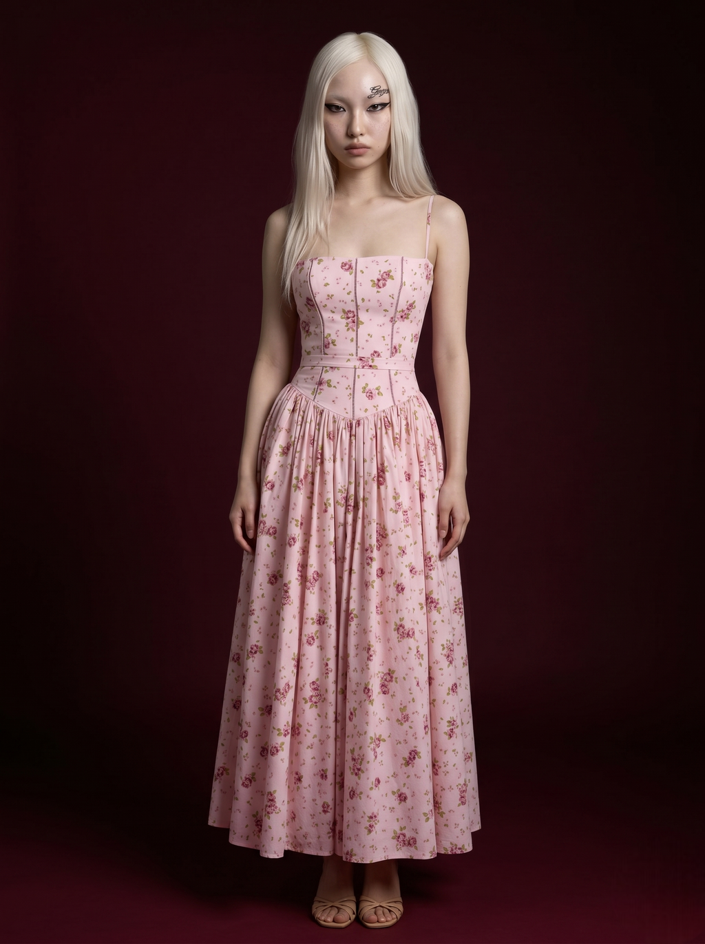 Baby Blue Yellow Rose Ribbon Print Spaghetti Strap Corset Pleated Midi Dress
