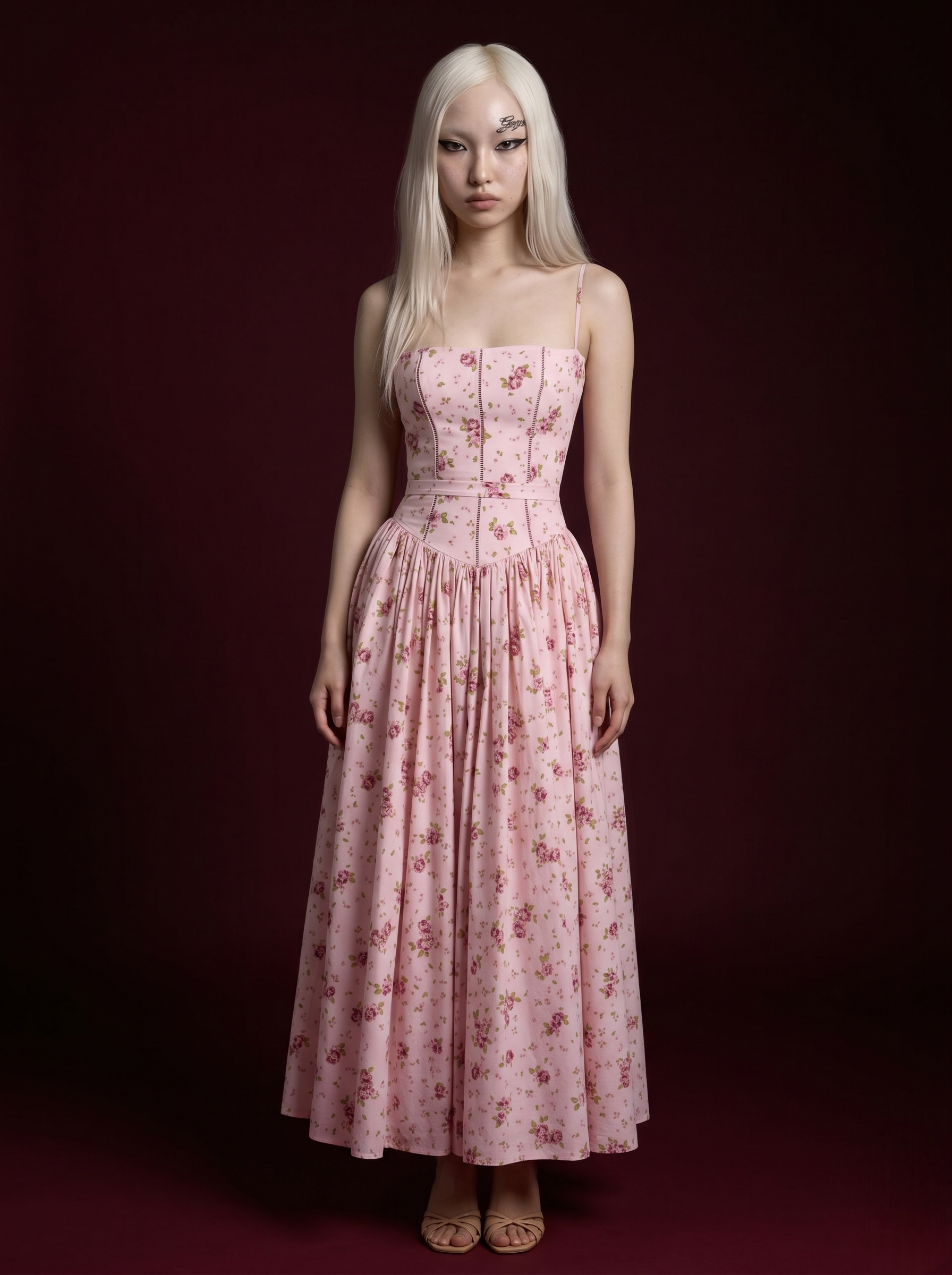 Baby Blue Yellow Rose Ribbon Print Spaghetti Strap Corset Pleated Midi Dress
