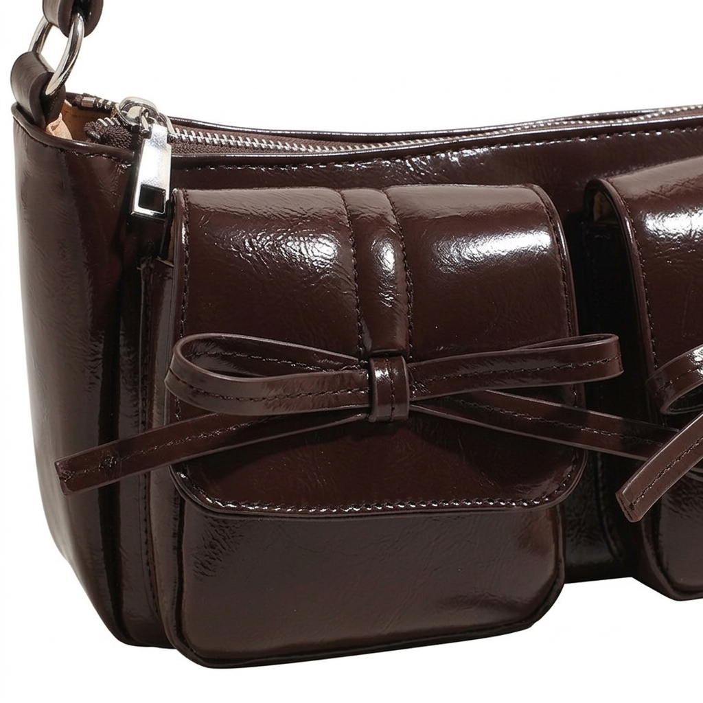 Deep Brown Patent Croc-Embossed Baguette Bag with Front Pocket