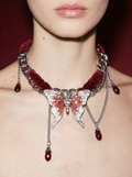 Burgundy Velvet Choker with Crystal Butterfly & Red Drop Charms