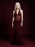 Bordo Transparan Korset Halter Yaka Uzun Abiye