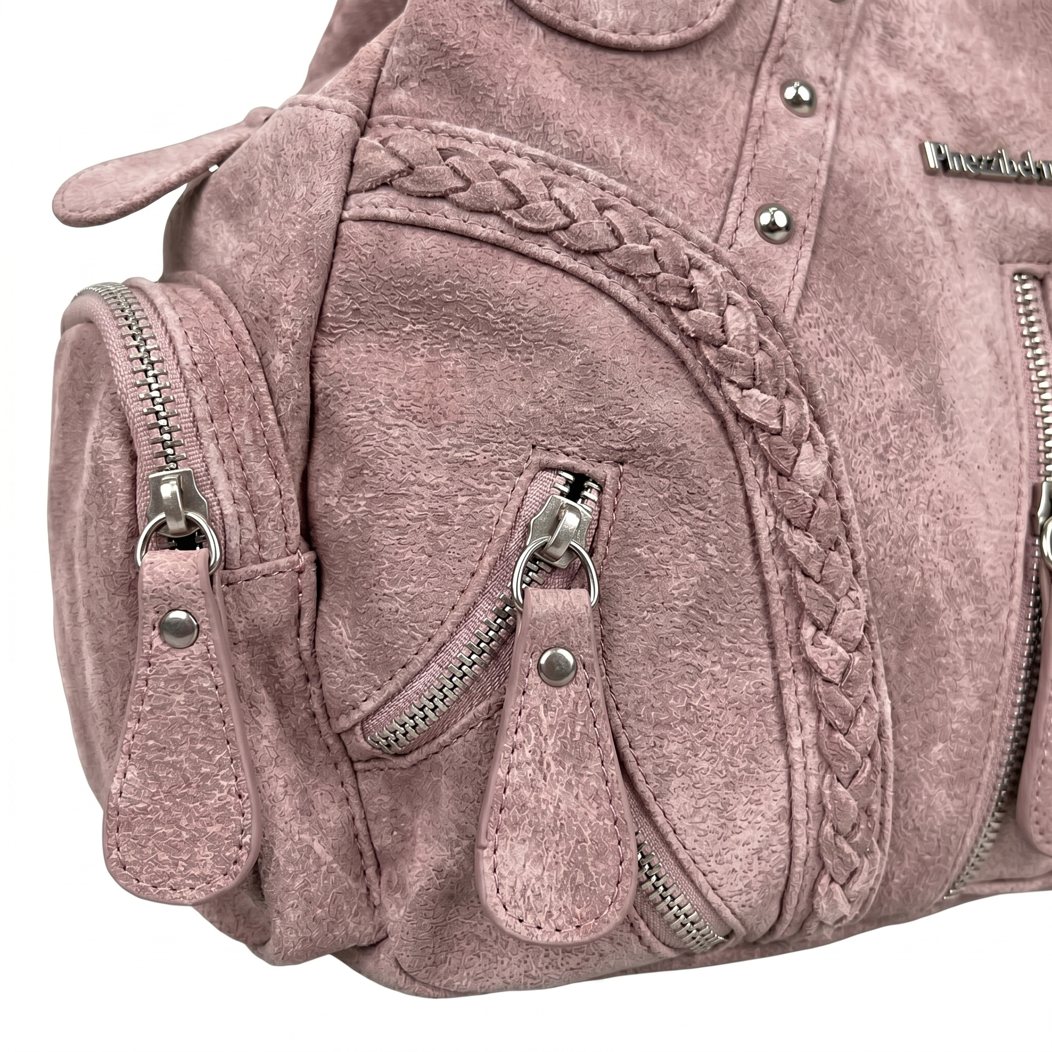 Dusty Pink Multi-Pocket Studded Shoulder Bag with Braided Detail