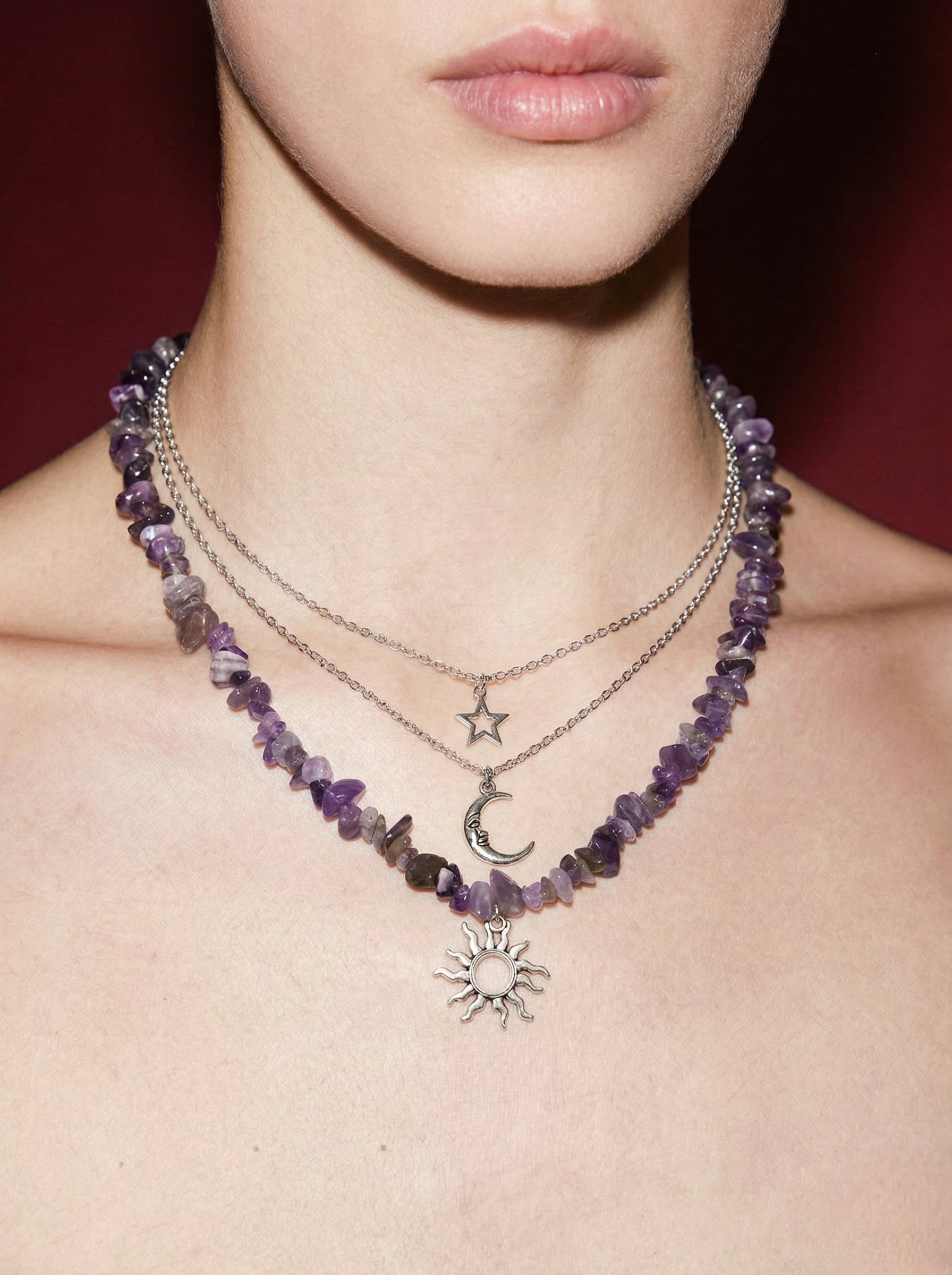 Amethyst Chip Layered Necklace with Star, Moon & Sun Charms
