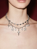 Layered Silver Star & Crystal Charm Necklace