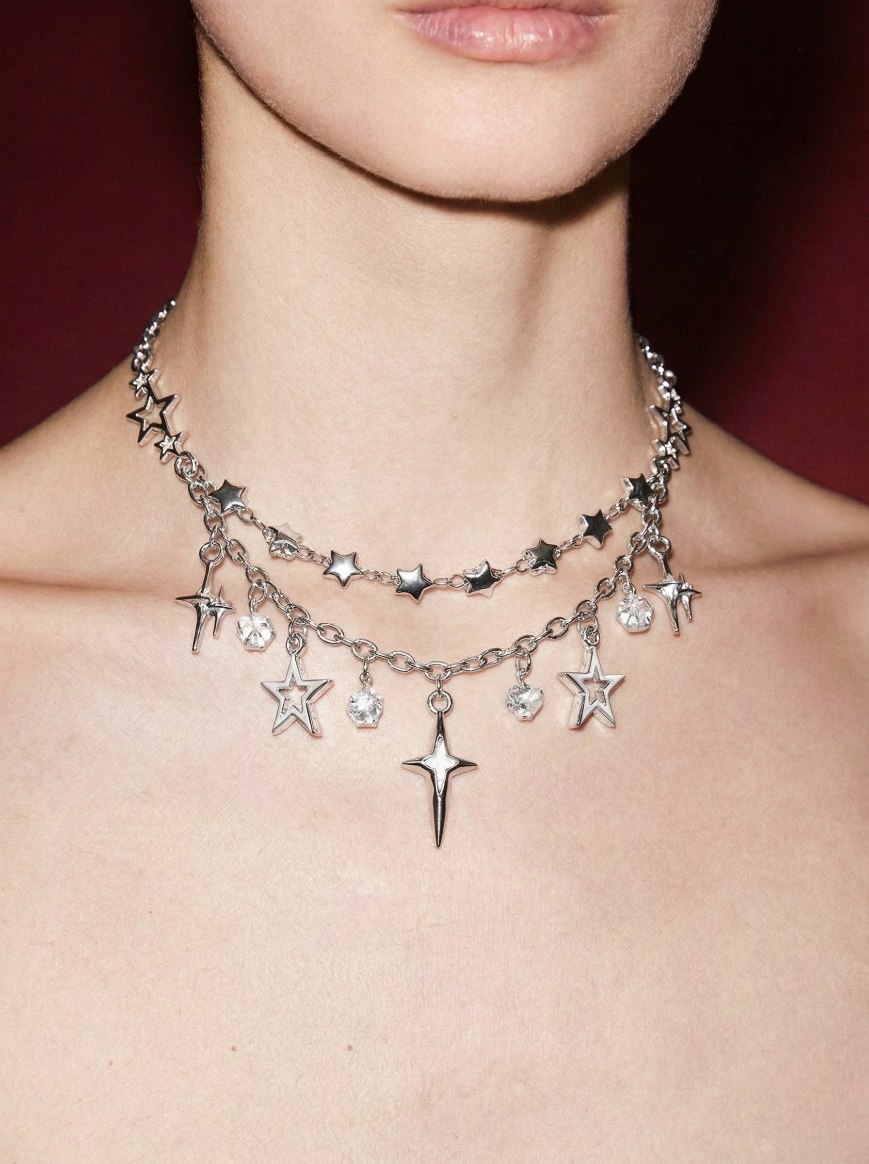 Layered Silver Star & Crystal Charm Necklace