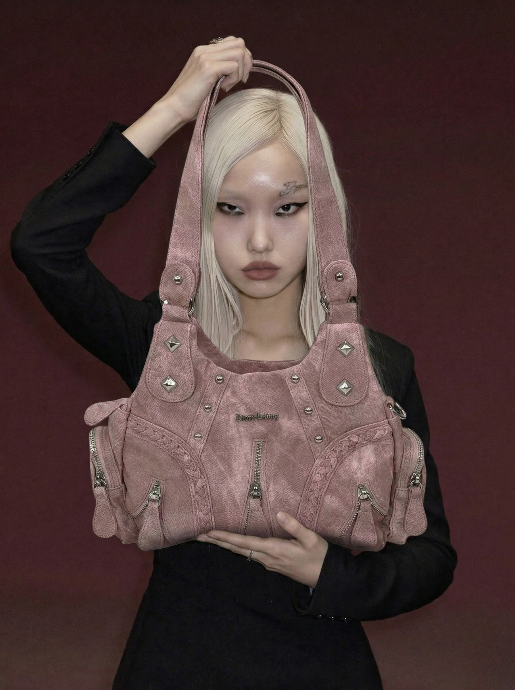 Dusty Pink Multi-Pocket Studded Shoulder Bag with Braided Detail