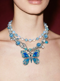 Blue Opal Bead Layered Necklace with Crystal Butterfly & Heart Charms