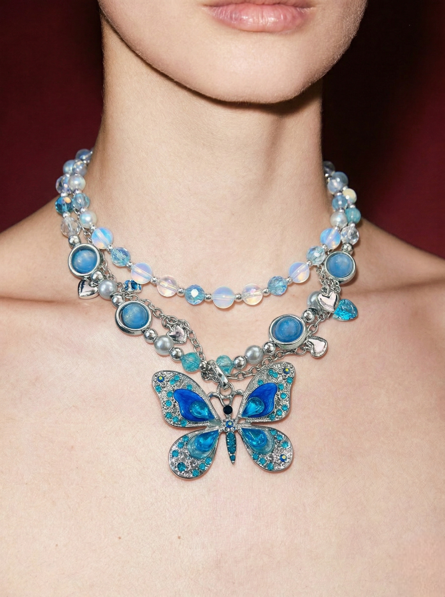 Blue Opal Bead Layered Necklace with Crystal Butterfly & Heart Charms