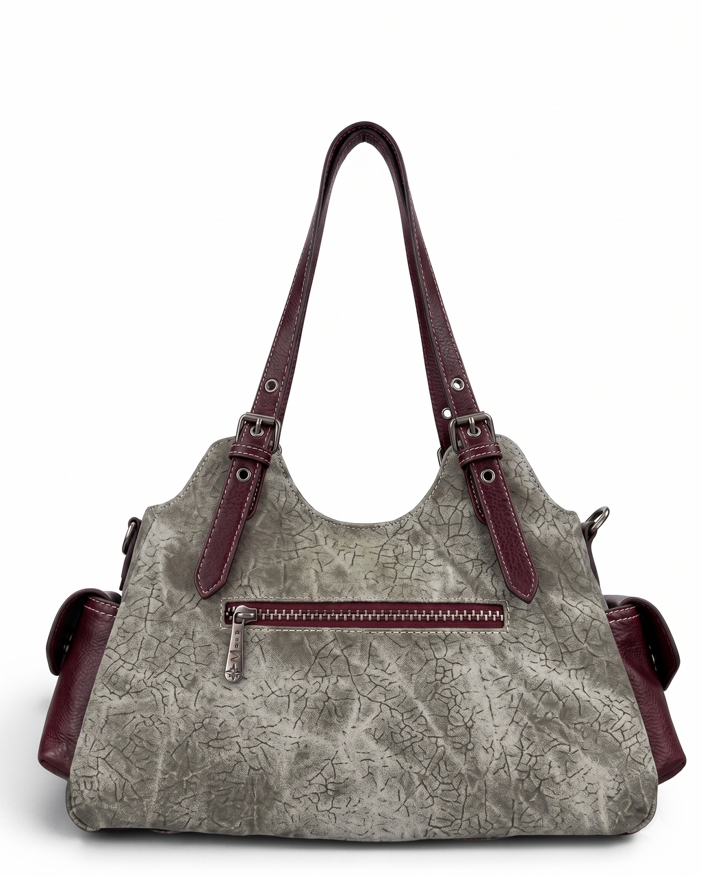 Stone Grey Canvas & Burgundy Leather Multi-Pocket Shoulder Bag with Contrast Stitching