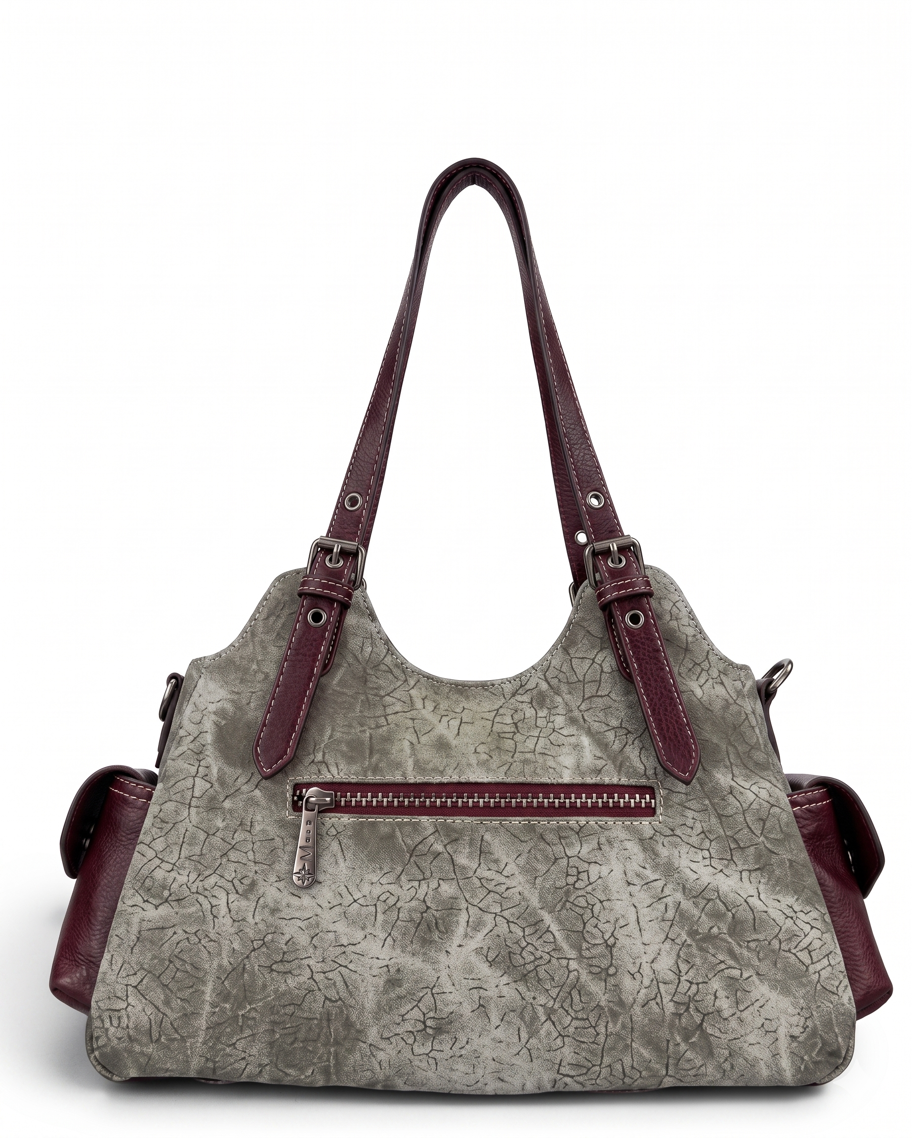 Stone Grey Canvas & Burgundy Leather Multi-Pocket Shoulder Bag with Contrast Stitching